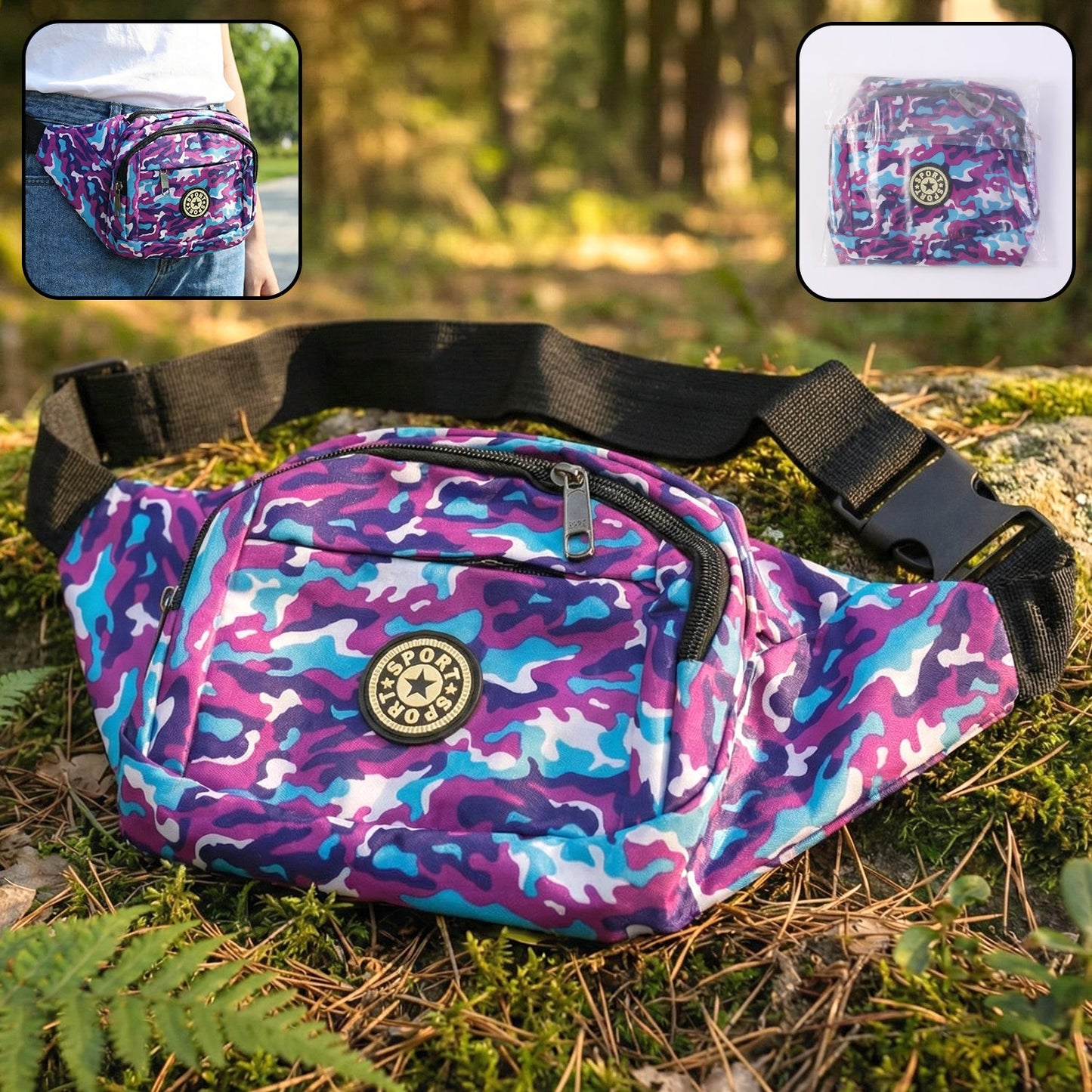 Stylish camouflage waist bag with zippered compartments for travel and sports