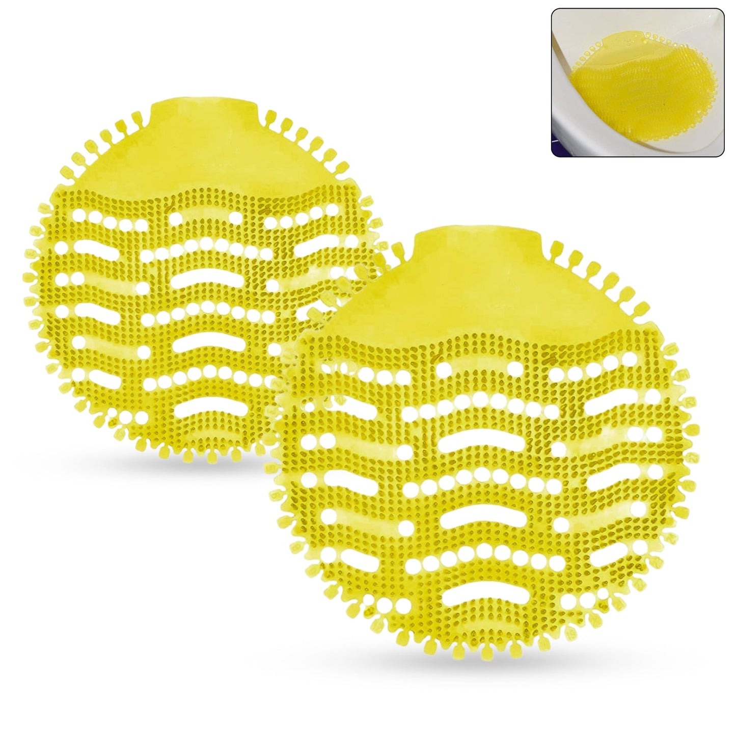 Close-up of urinal screen deodorizer mat showcasing anti-splash design and flexible fit.