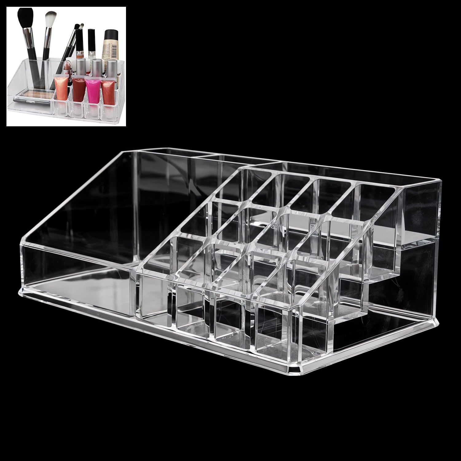 Front view of acrylic makeup and jewelry organizer with sixteen compartments