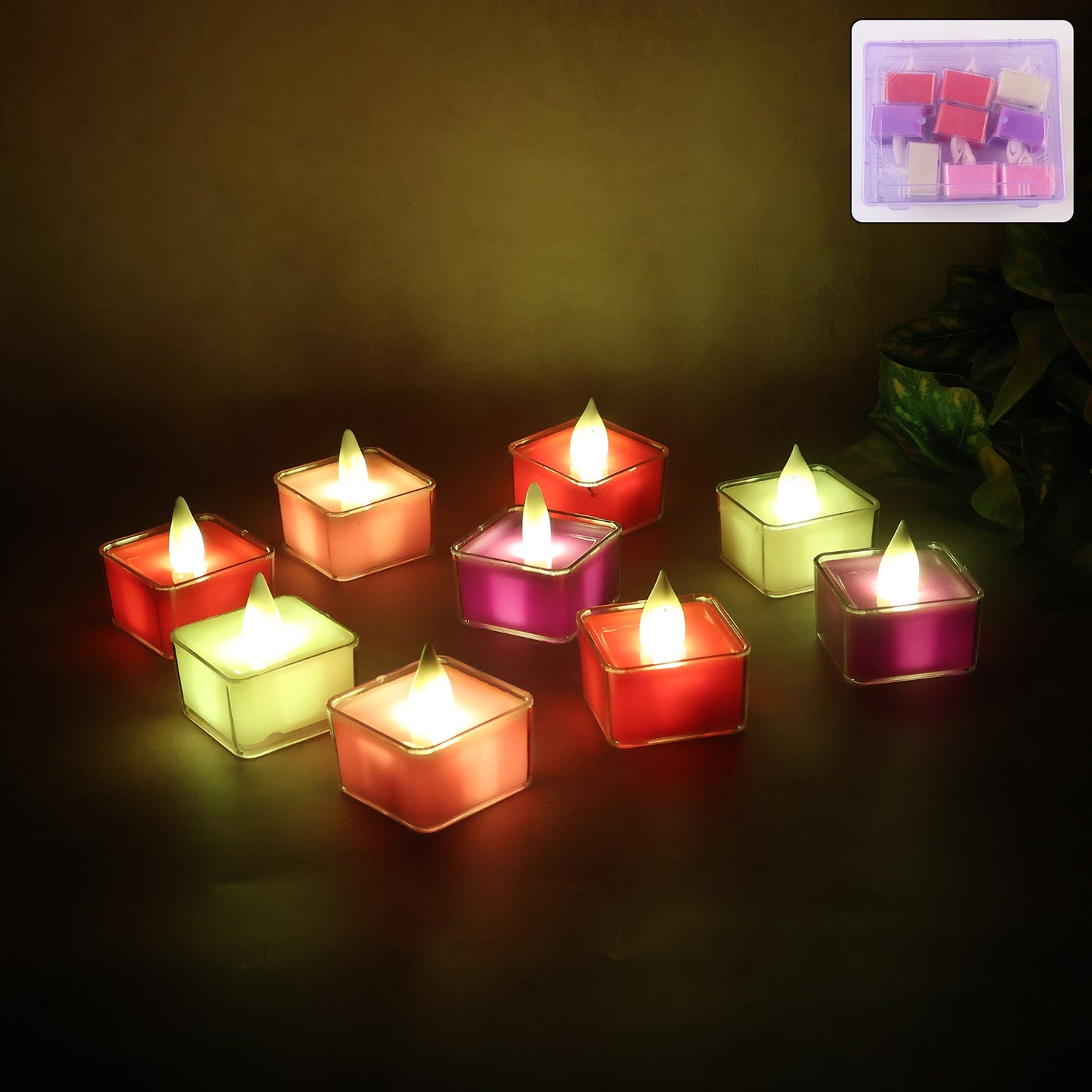 Square multicolor LED flameless tealight candles creating a warm ambient glow