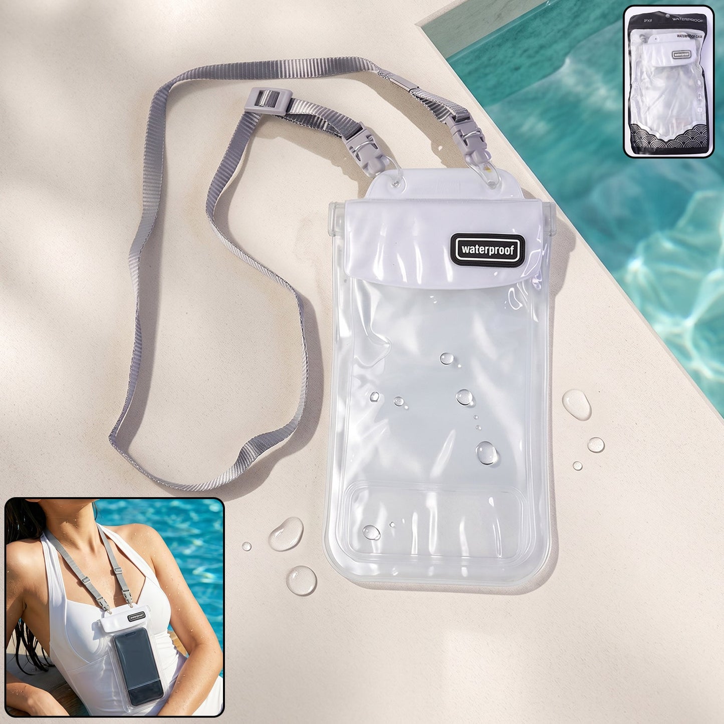 Main view of waterproof mobile pouch cover with lanyard