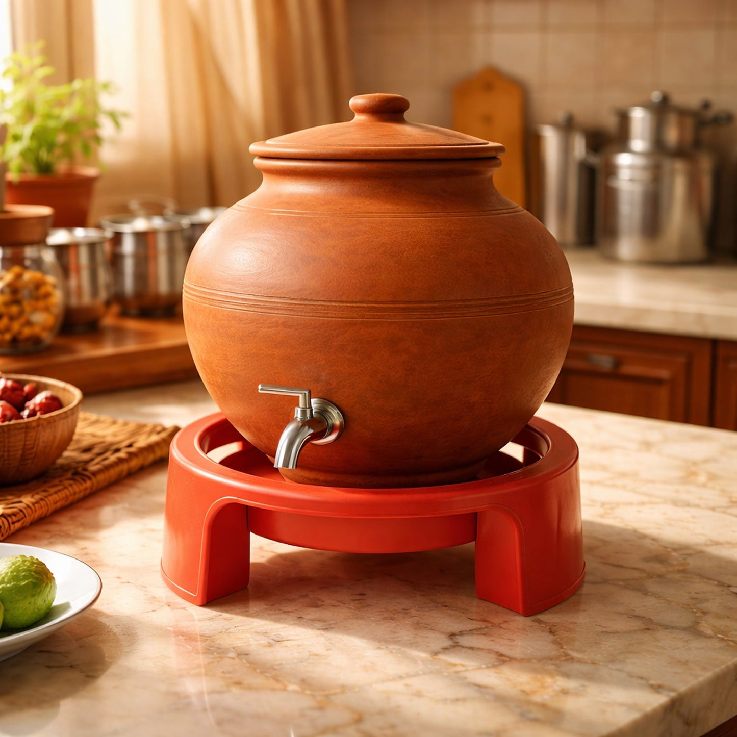 Close-up of the black lotus-shaped Matka Stand, showcasing its sturdy plastic design.