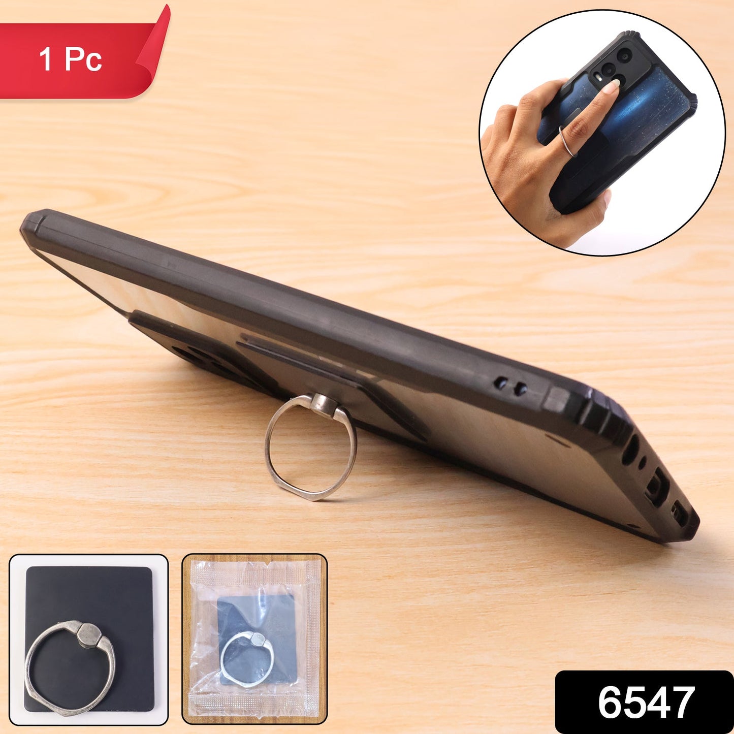 A 360-degree rotating phone ring stand attached to a smartphone, demonstrating flexibility.