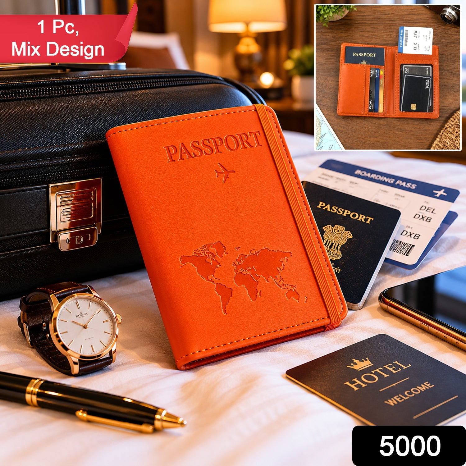 Compact PU leather travel passport holder with multiple compartments