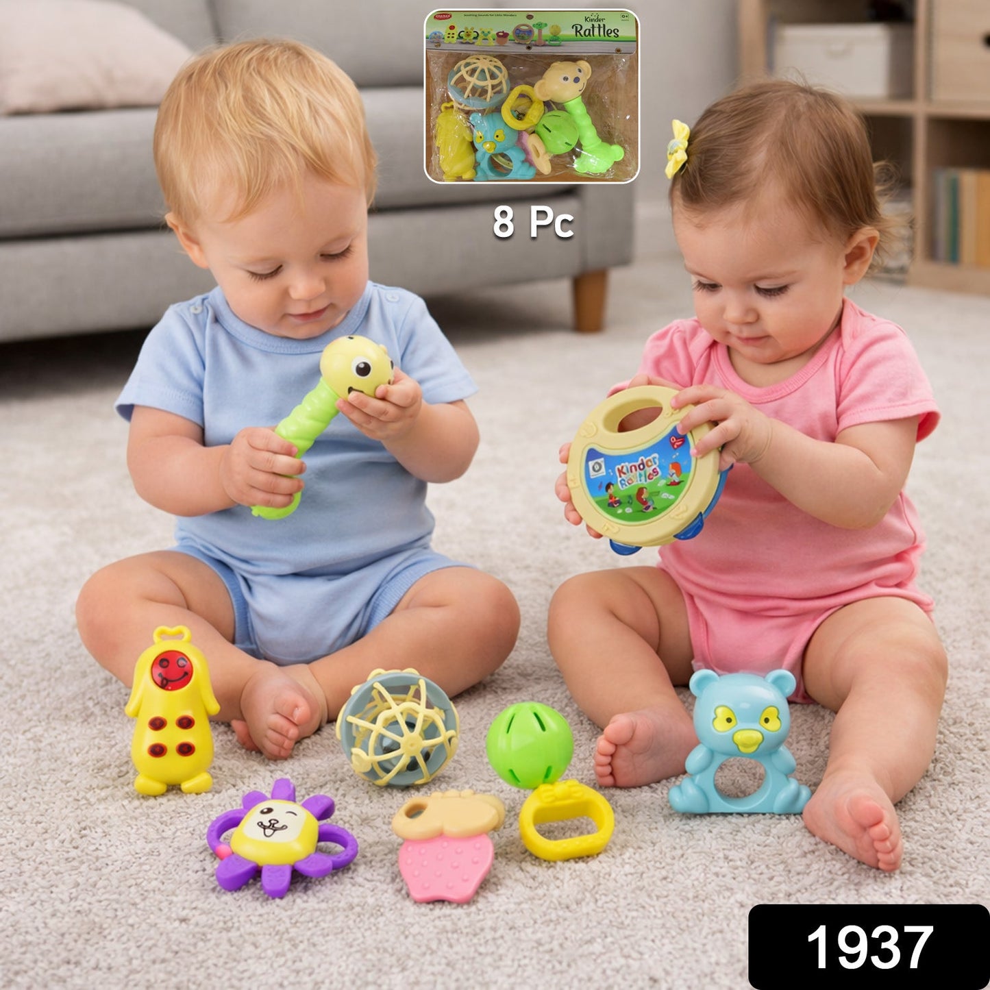 Close-up of a single colourful baby rattle with an easy-to-grasp textured handle.