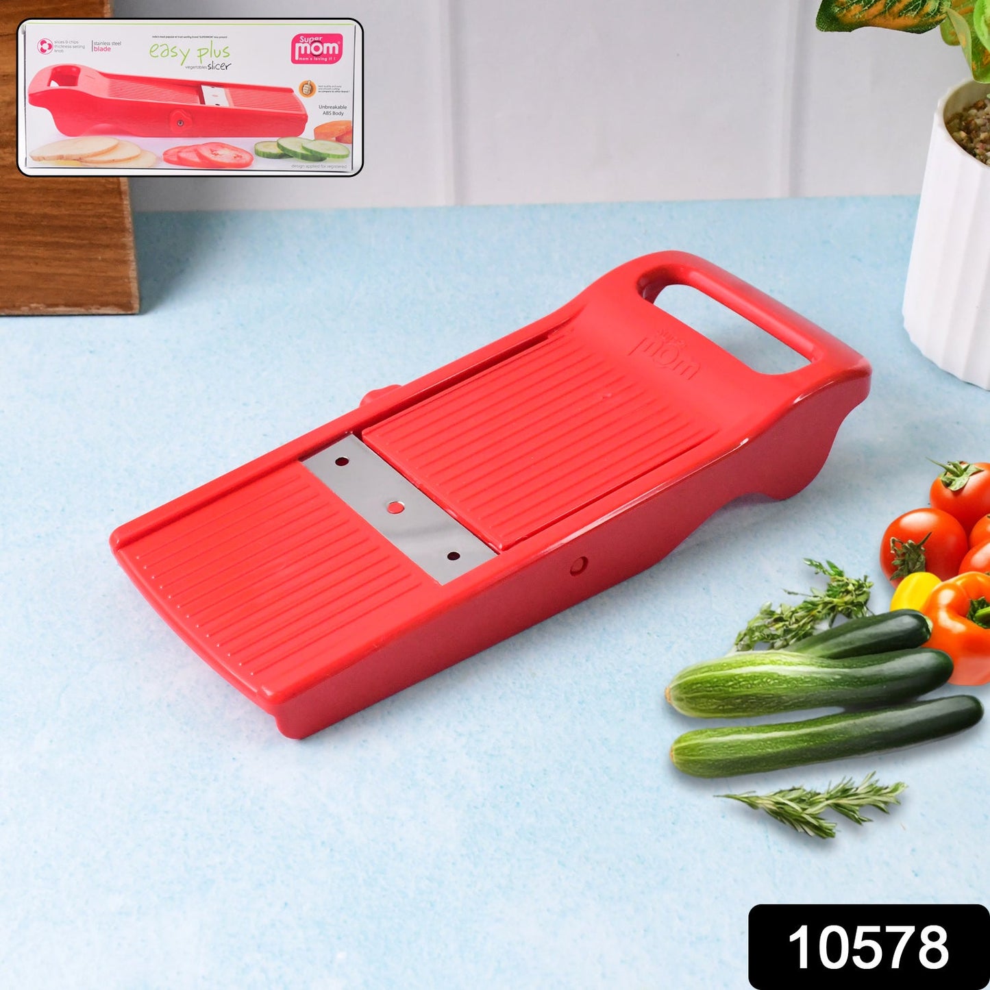 Supermom vegetable cutter showing sharp blade and ABS plastic body
