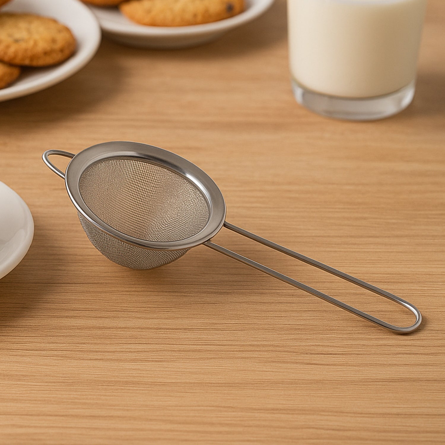 Stainless steel fine mesh strainer with slim ergonomic handle for kitchen use