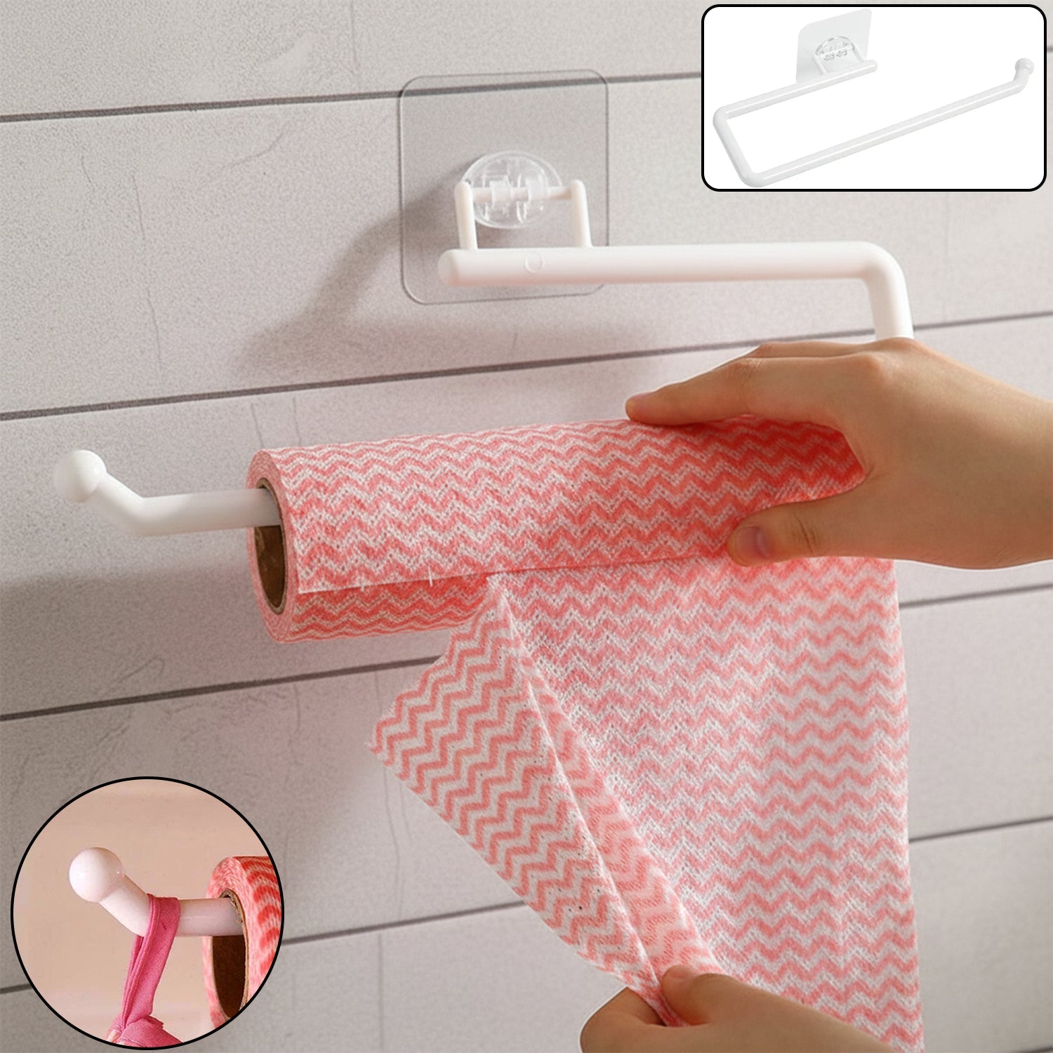 Wall mounted paper towel holder with strong suction cup holding kitchen tissue roll