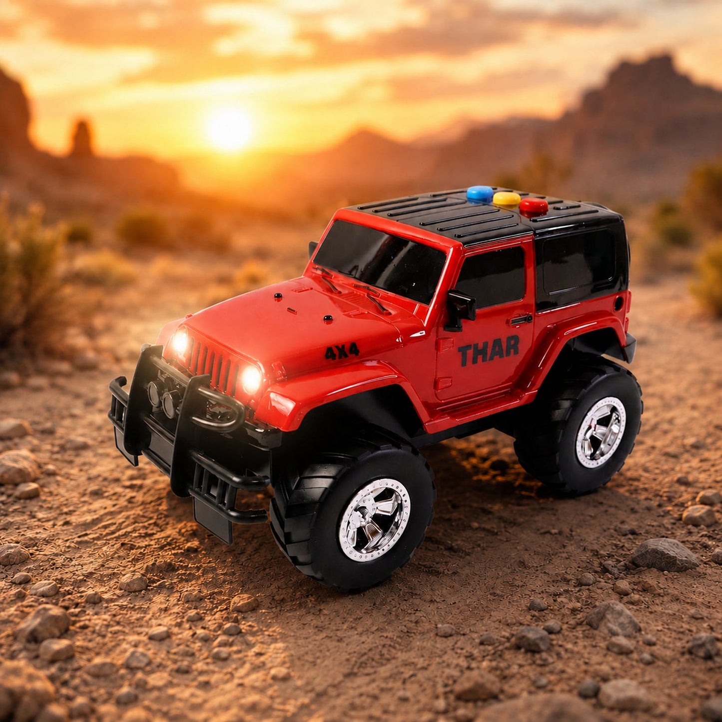 Front view of Kids Hunter Off-Road Friction Powered Toy Jeep with lights and rugged design