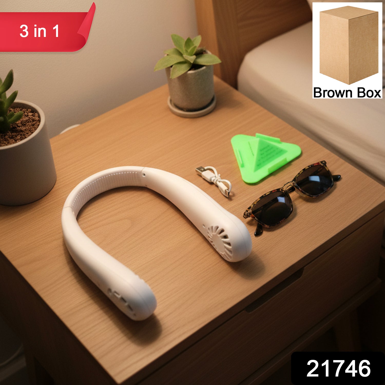 Close-up of wearable neck fan for personal cooling during travel