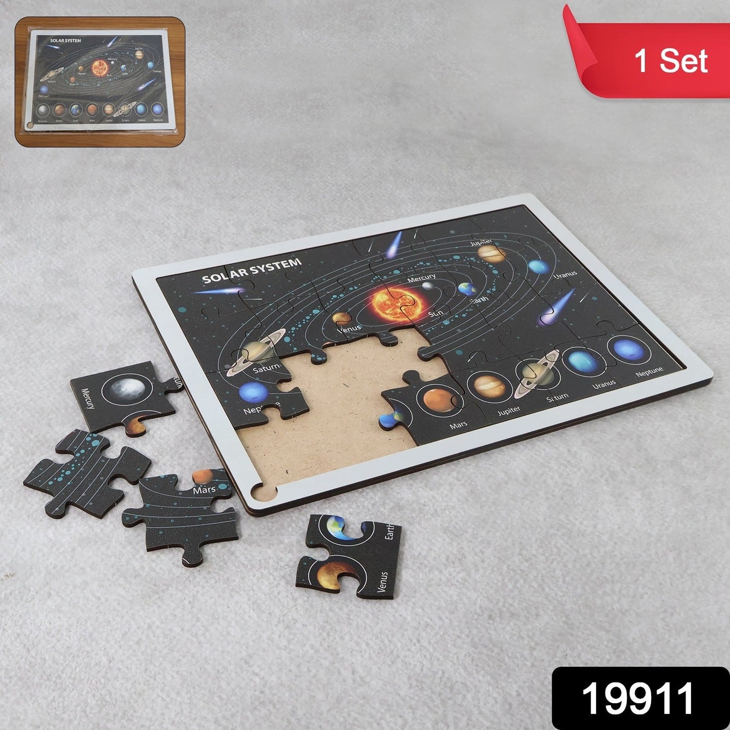 Close-up of wooden solar system puzzle pieces showing interlocking planets
