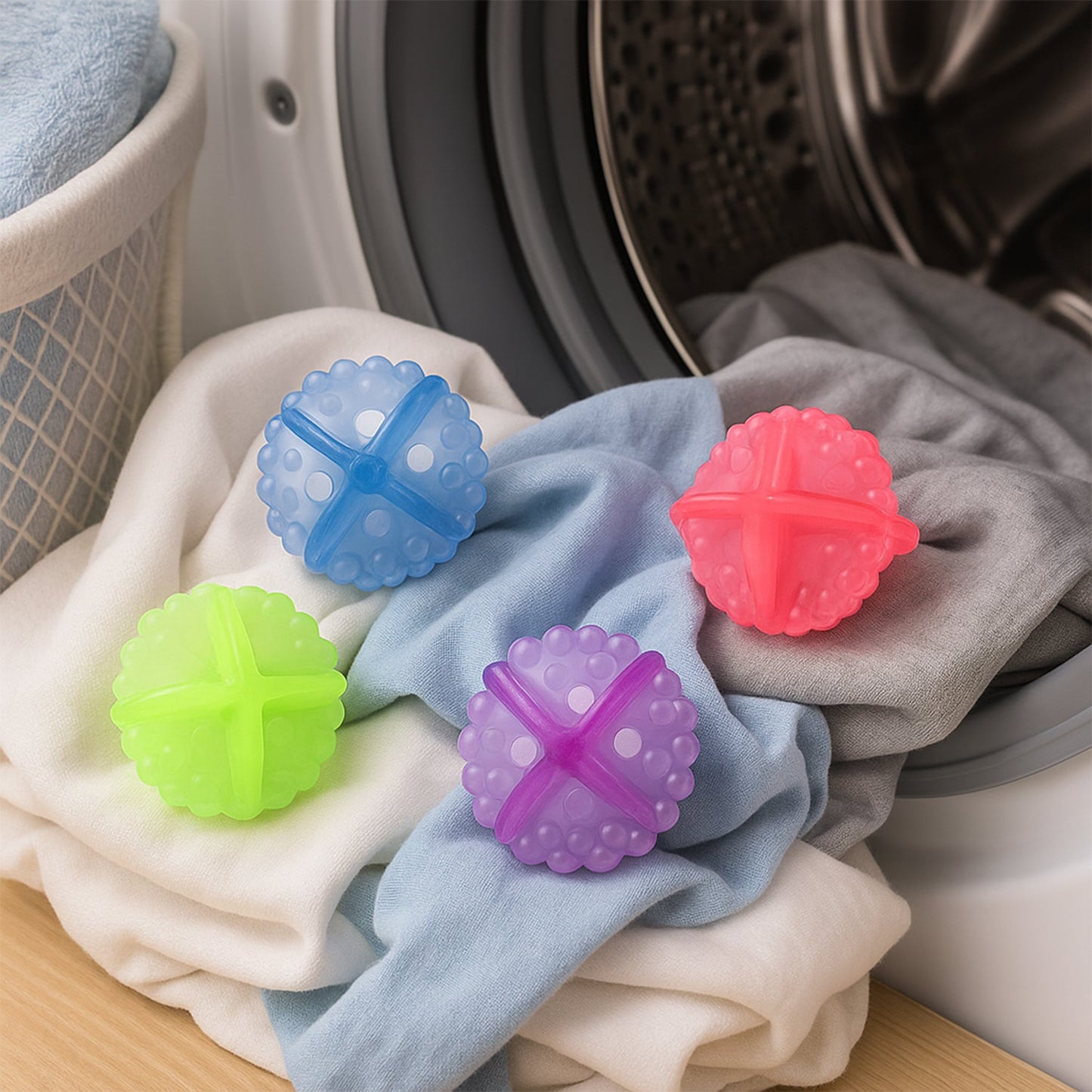 Close-up of reusable laundry washing balls, promoting detergent-free cleaning.