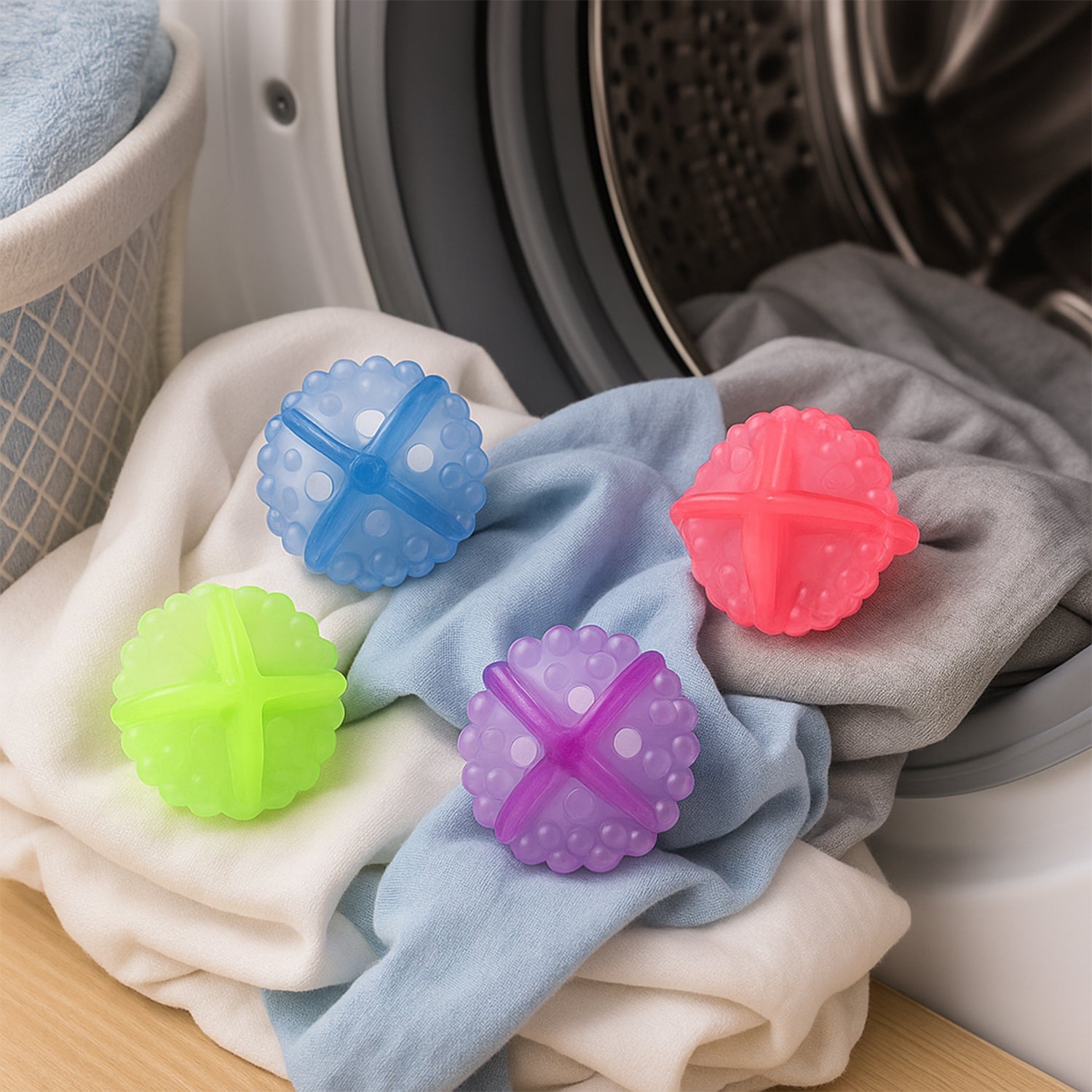 Close-up of reusable laundry washing balls, promoting detergent-free cleaning.