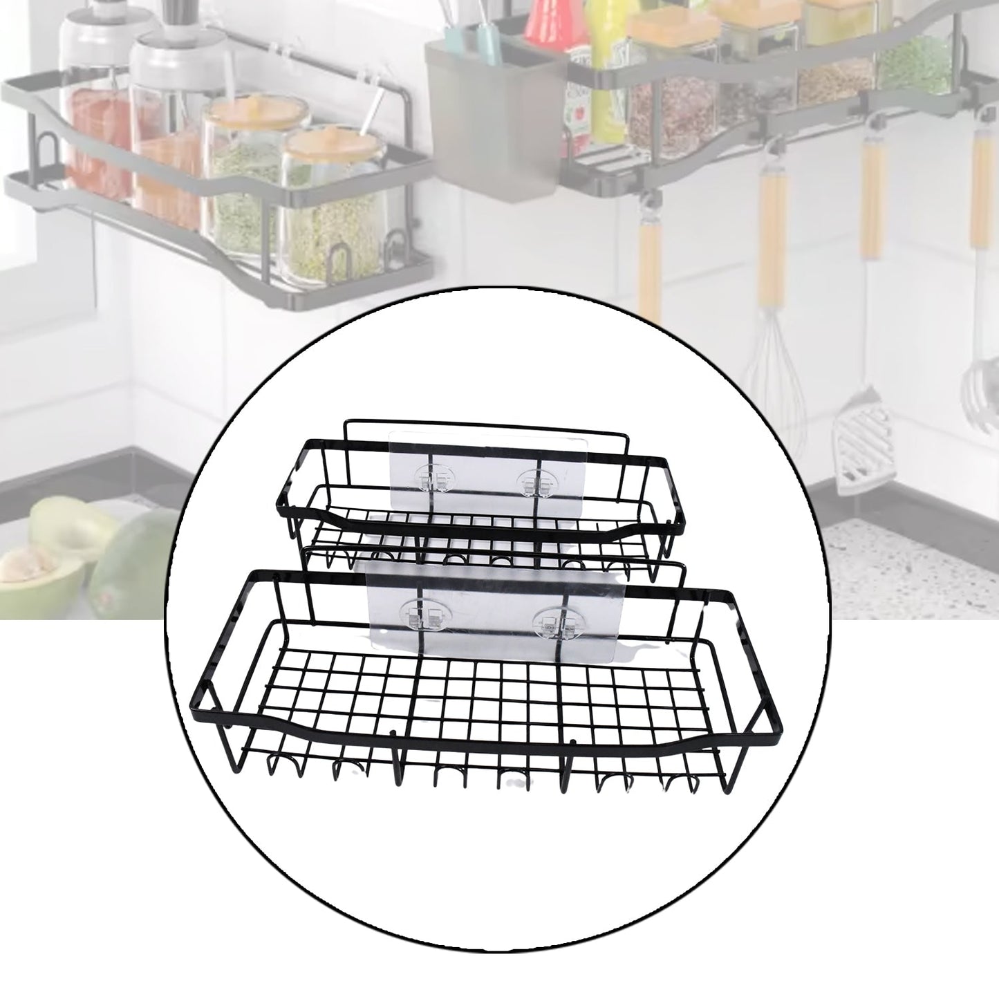 Modern metal shower caddy with hooks for compact bathroom storage