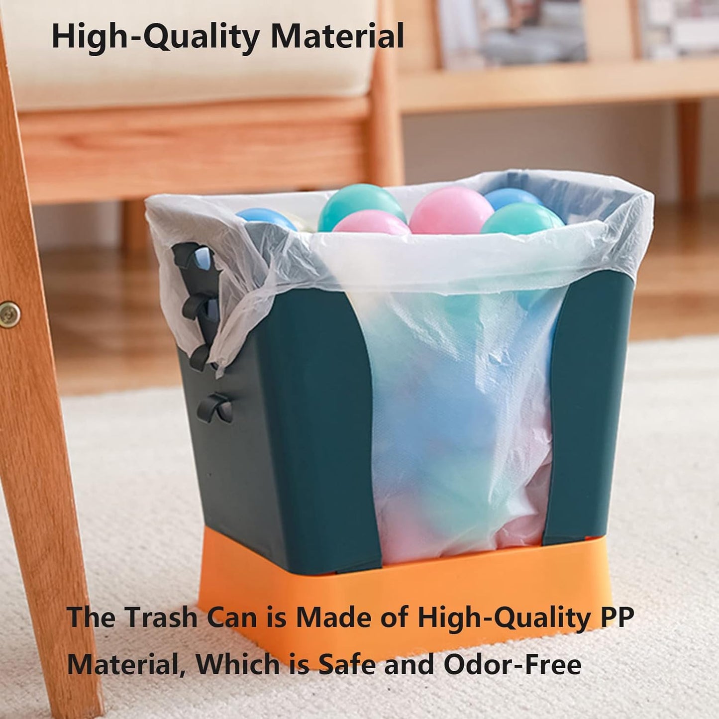 Front view of the plastic expandable garbage bin, highlighting the integrated bag holder.