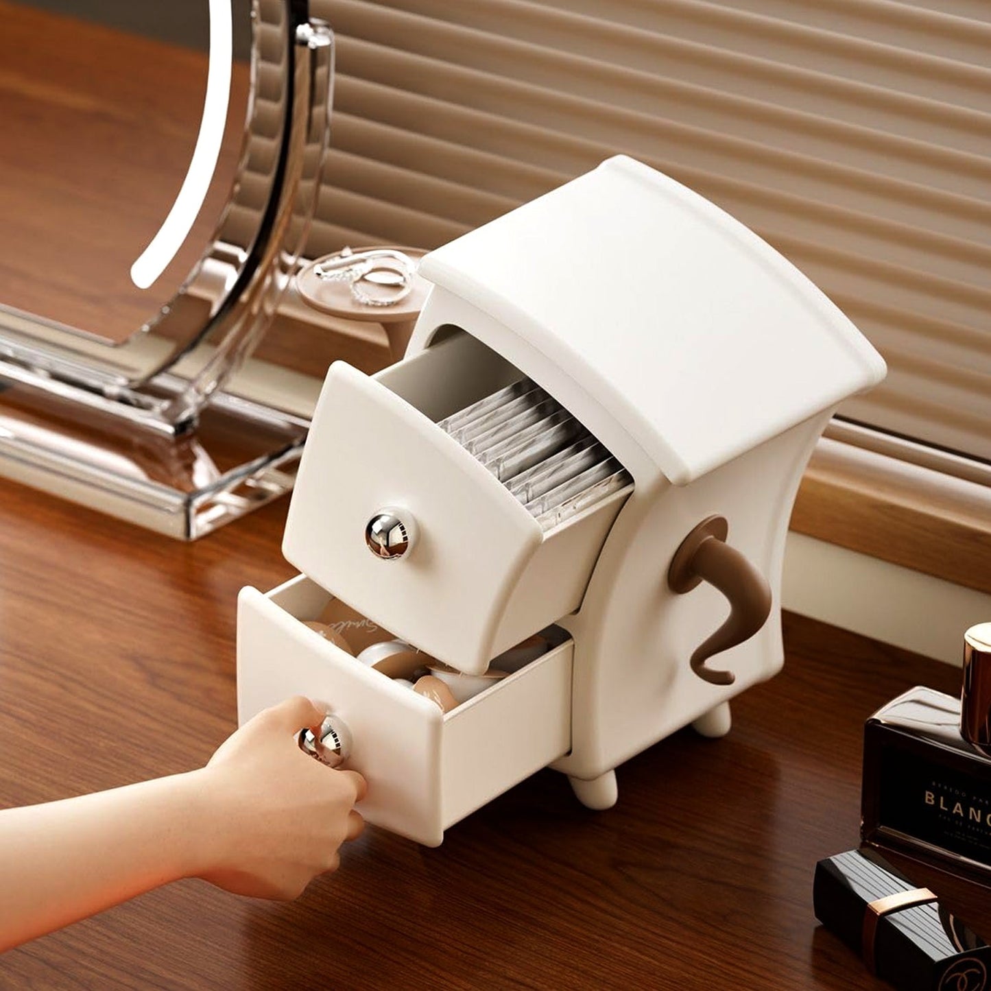 Desktop storage mini cabinet with two drawers and side hanging hook