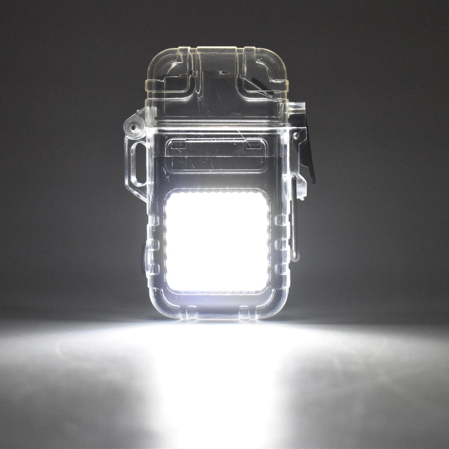 Portable electric lighter with 3-mode COB flashlight illuminating a dark area.