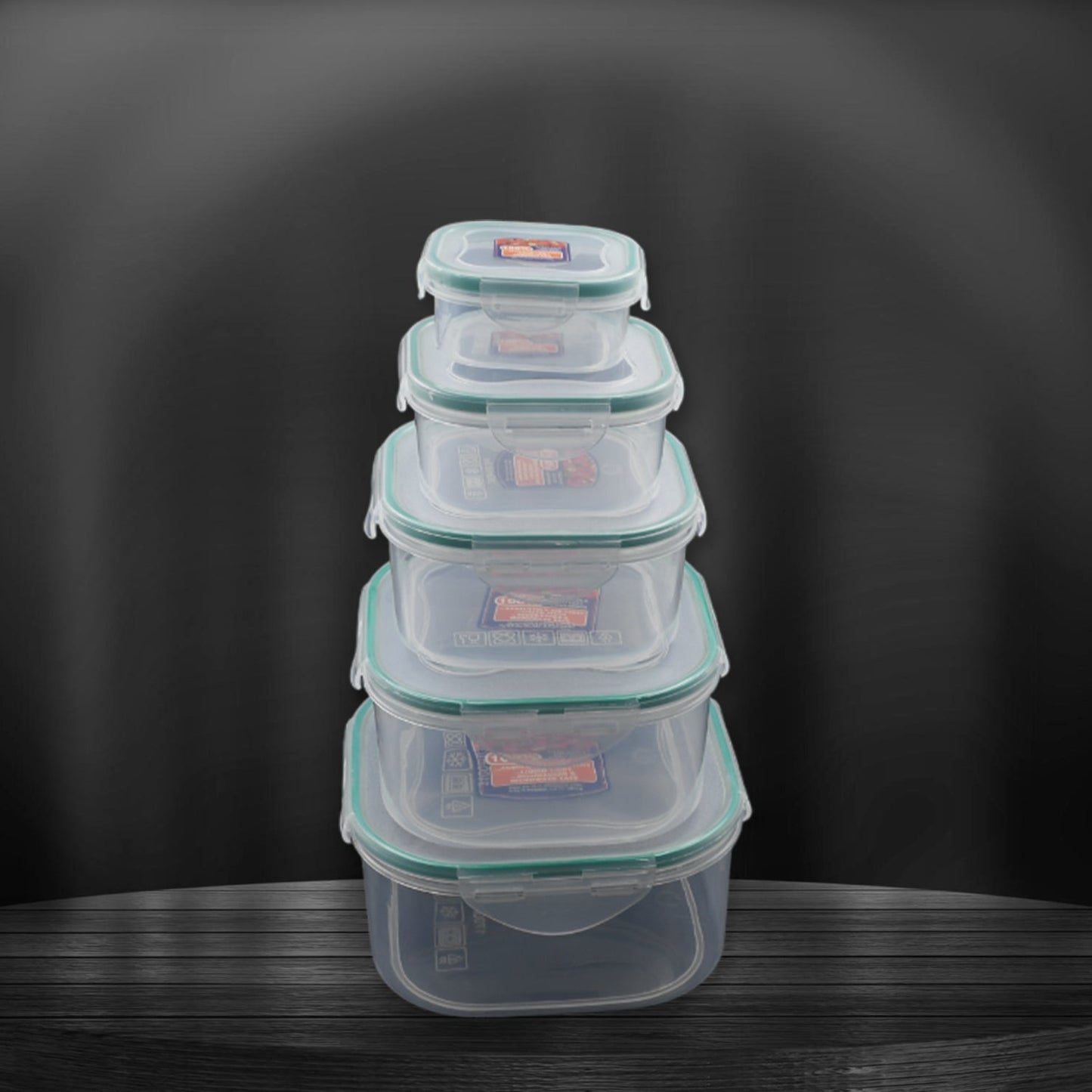 Side view of five versatile kitchen storage containers with snap-lock lids.
