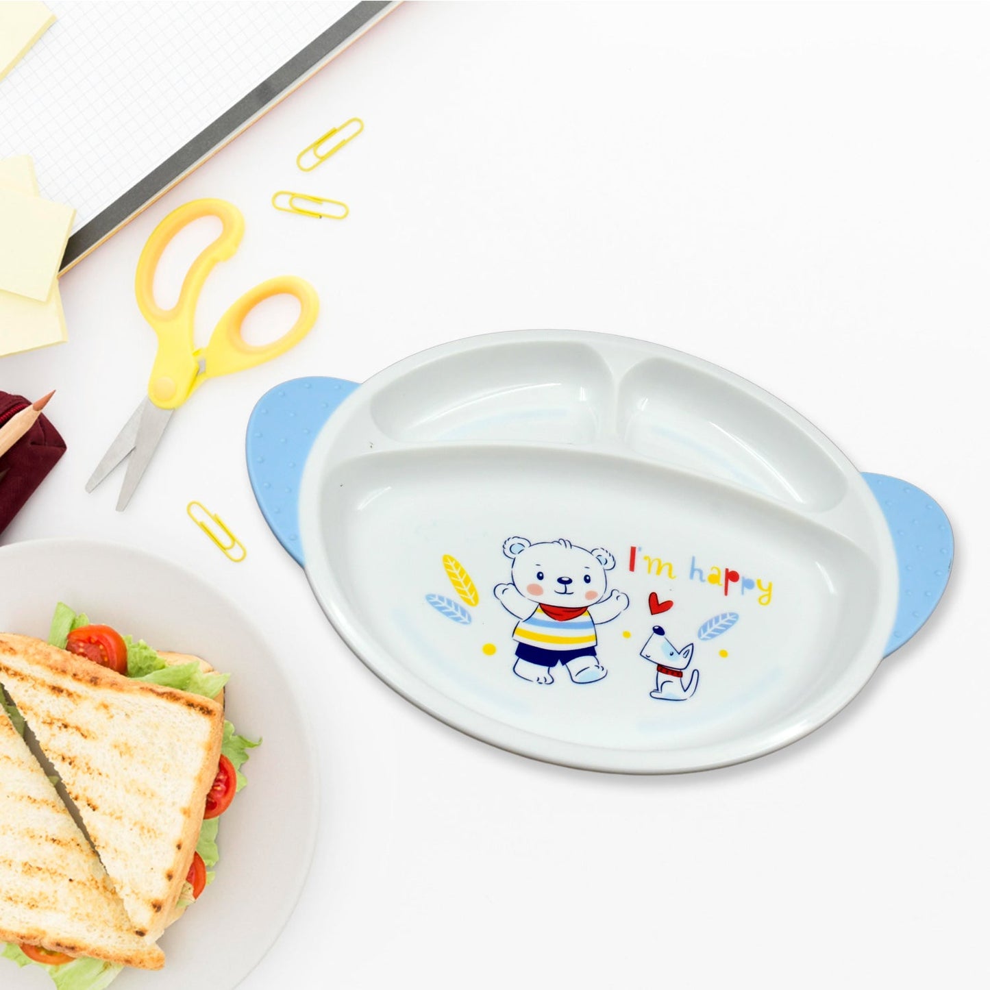 Cute cartoon design milk mug, part of the BPA-free baby feeding set.