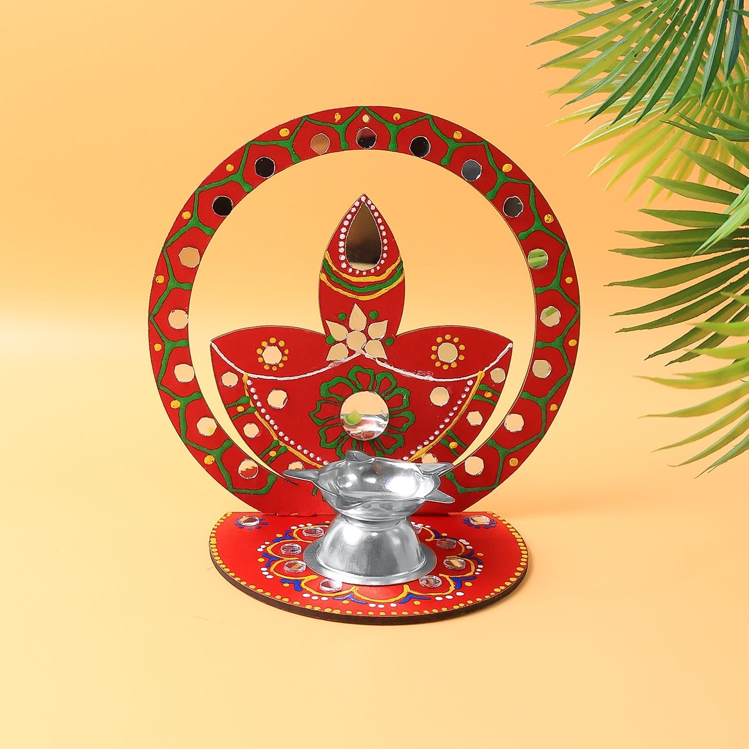 Wooden festive diya stand showcasing traditional hand-painted diya motif