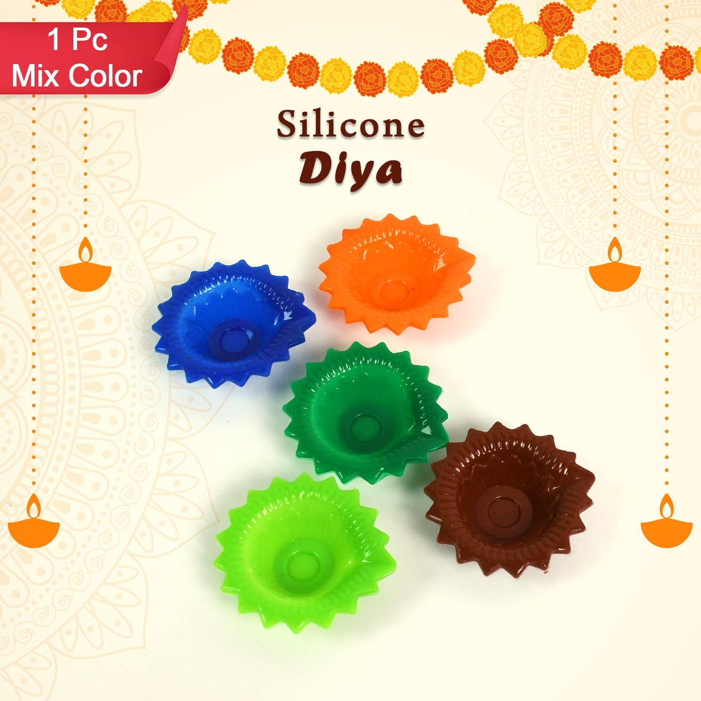 Multiple colourful silicone diyas arranged artistically, creating a warm and inviting ambiance.