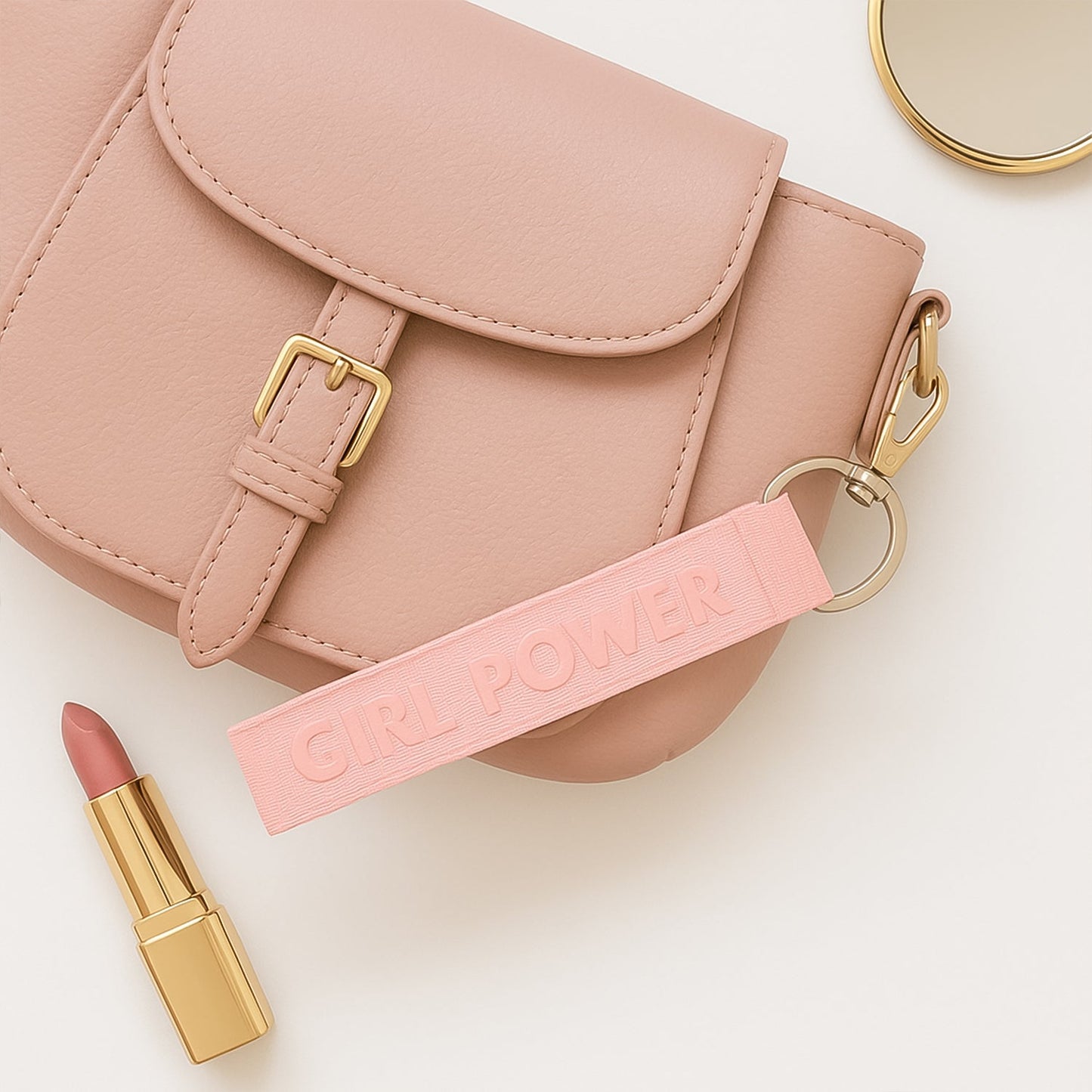 Close-up shot of inspirational Girl Power embossed fabric ribbon keychain text