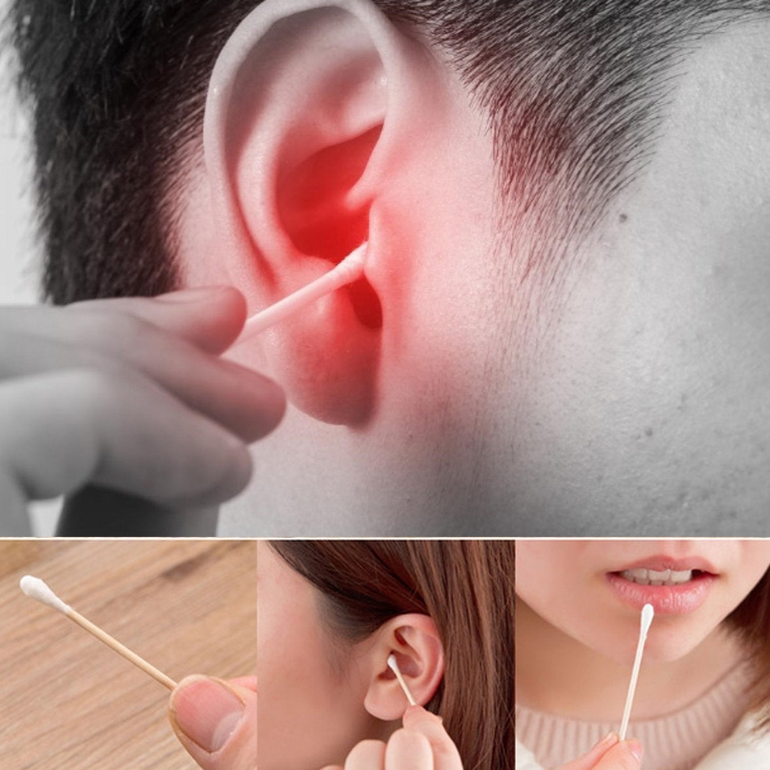 Soft cotton swabs with bamboo handles, safe for ear cleaning.