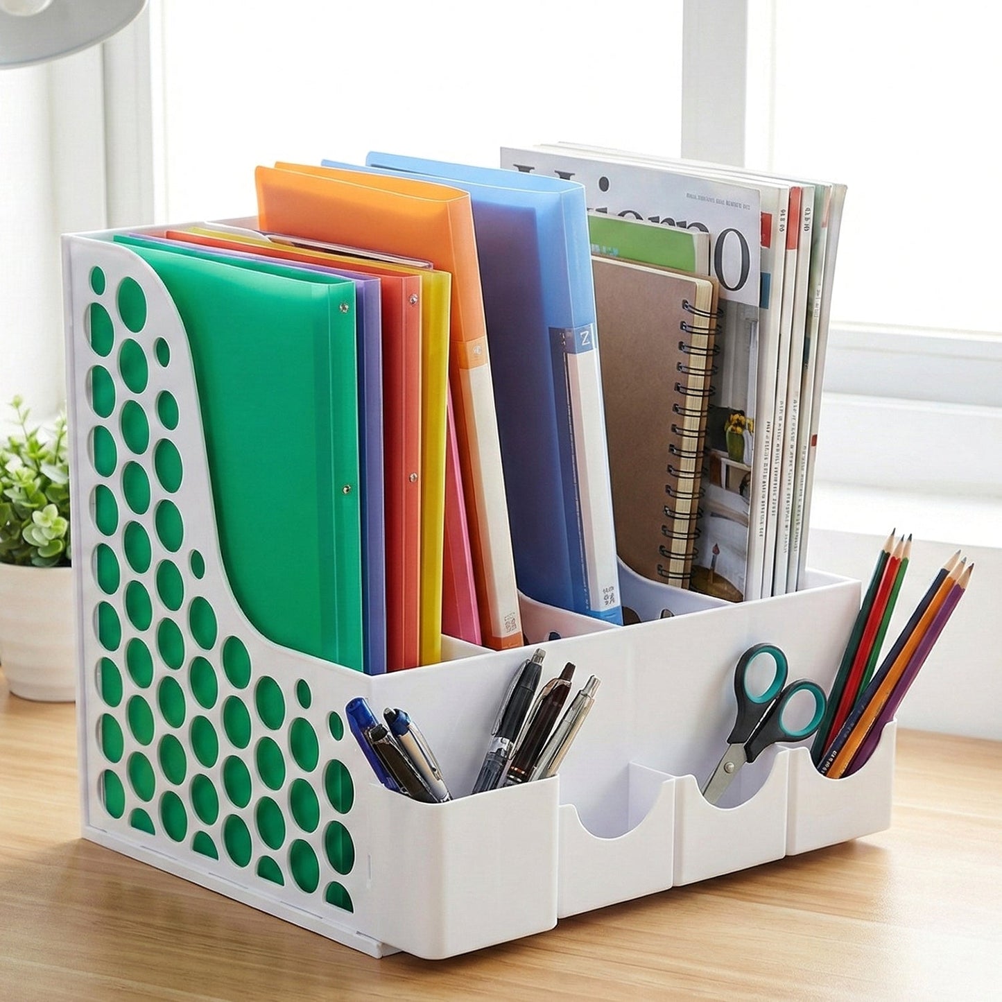 Side view of desk organizer stand holding files and books vertically.