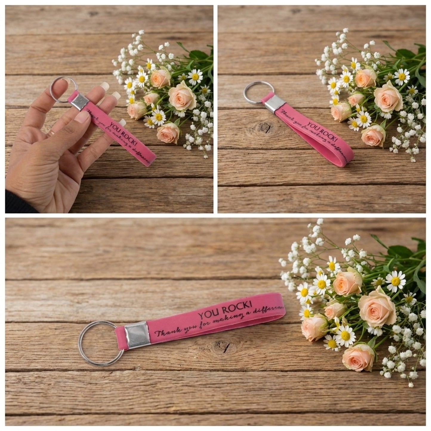 Colorful silicone wrist strap keychain laid out on surface