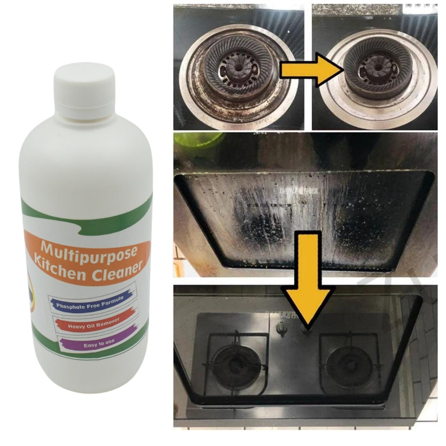 Detailed view of non-toxic kitchen degreaser spray bottle label.