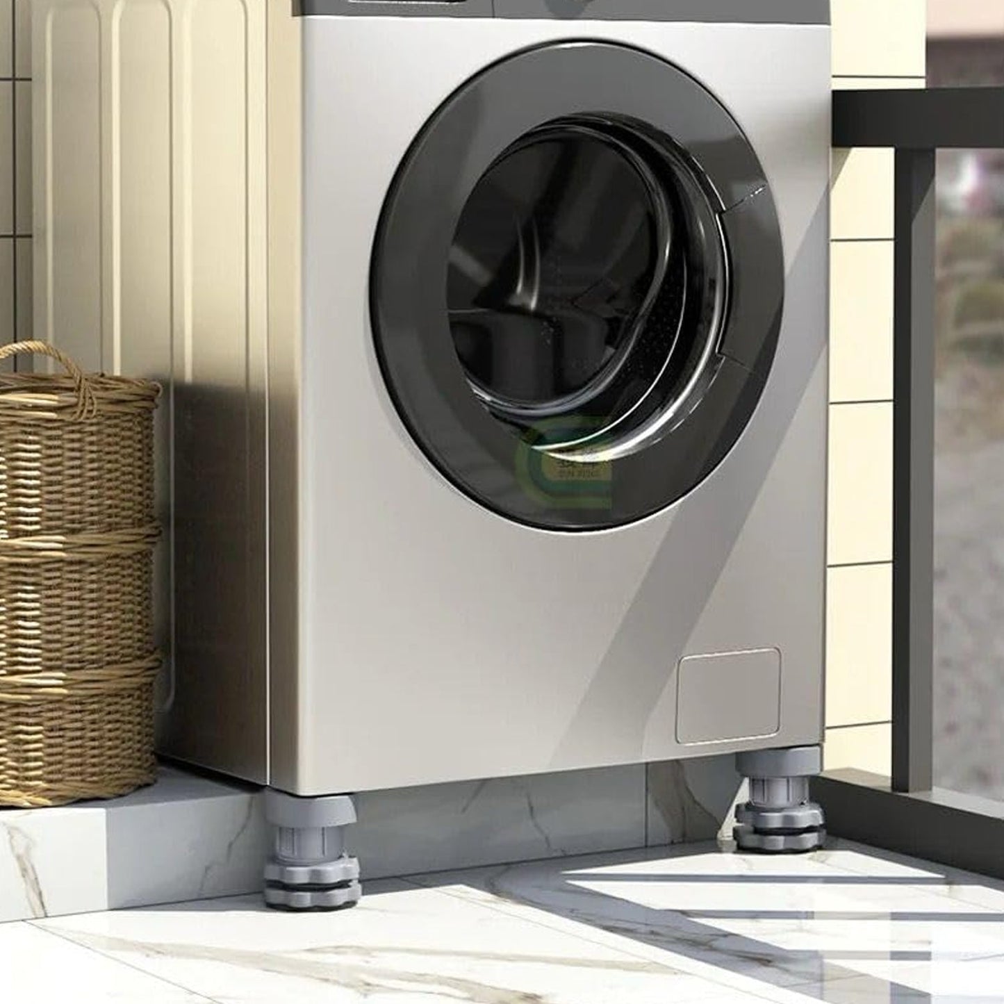 Four washing machine anti-vibration pads arranged neatly on a clean surface.