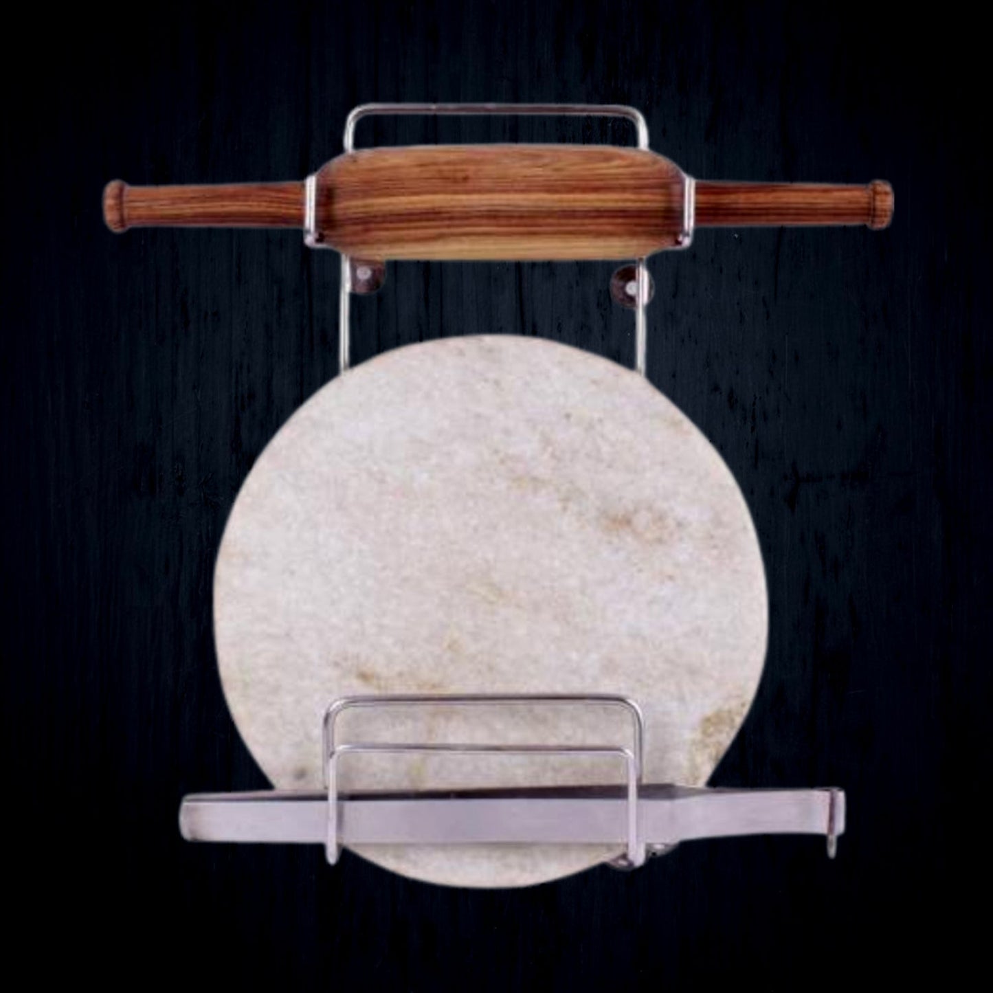 Elegant stainless steel stand securely holding a wooden rolling pin on a kitchen counter.