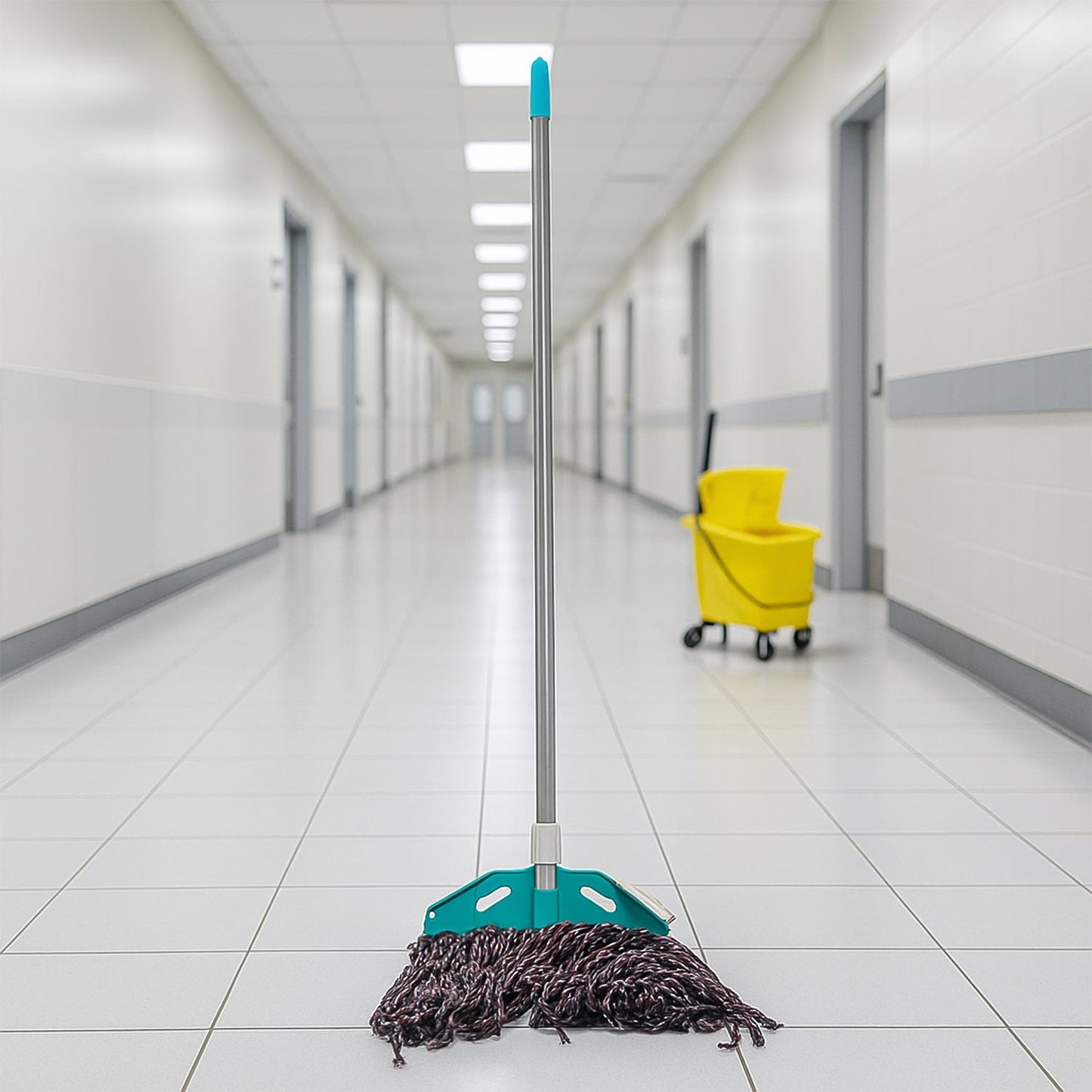 Cotton yarn floor mop showing thick absorbent strands and long handle