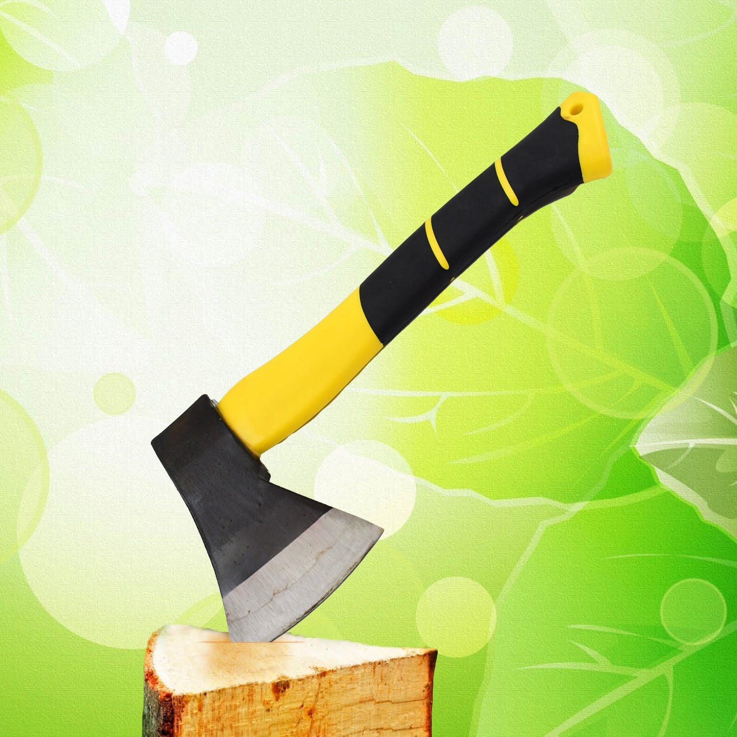Durable Hatchet Axe with fiberglass handle and sharp steel head.