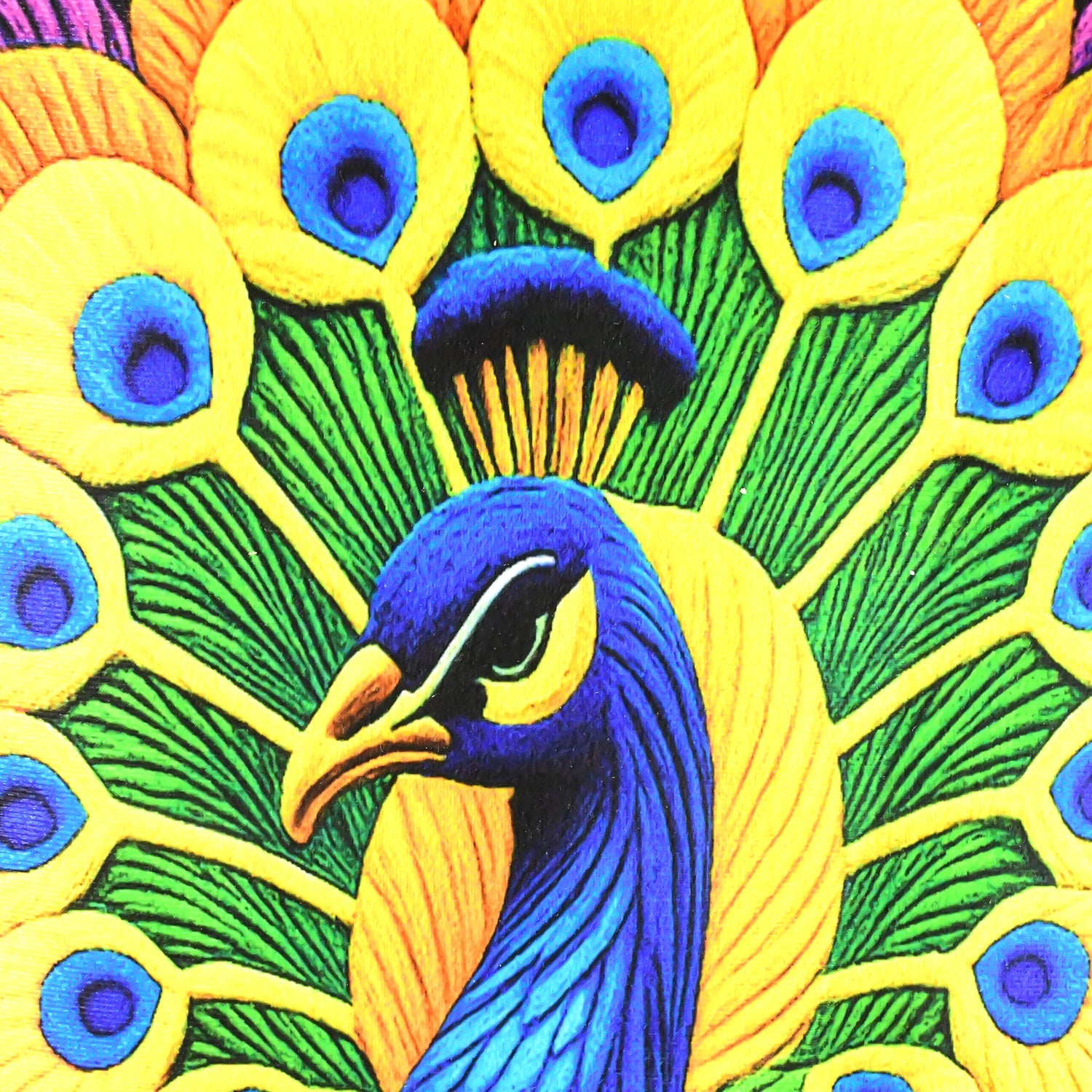 Soft velvet texture detail of vibrant peacock floor mat