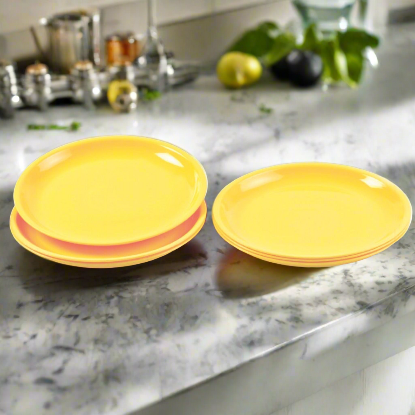 Set of six stackable mini soup plates on a kitchen counter.