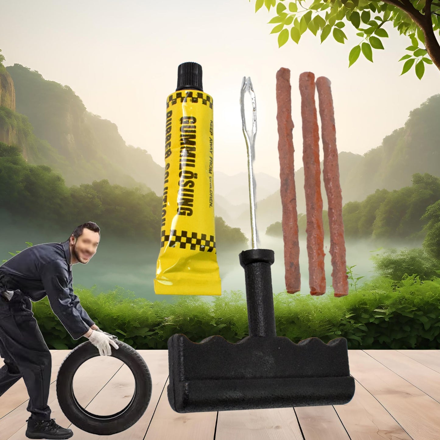 Emergency tubeless tyre repair kit with all components neatly arranged.