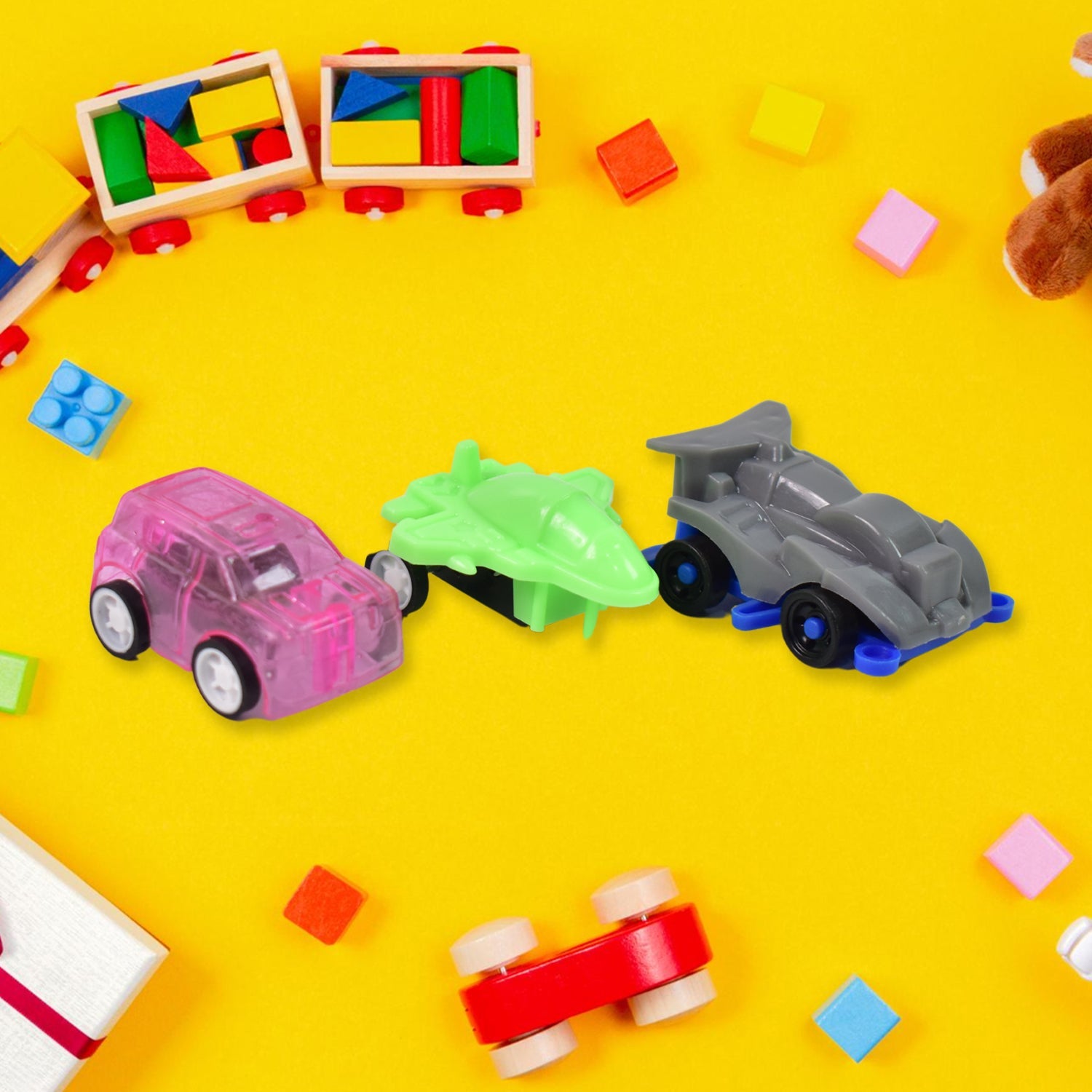 Assortment of bright pull back toy aeroplanes for kids' imaginative play.