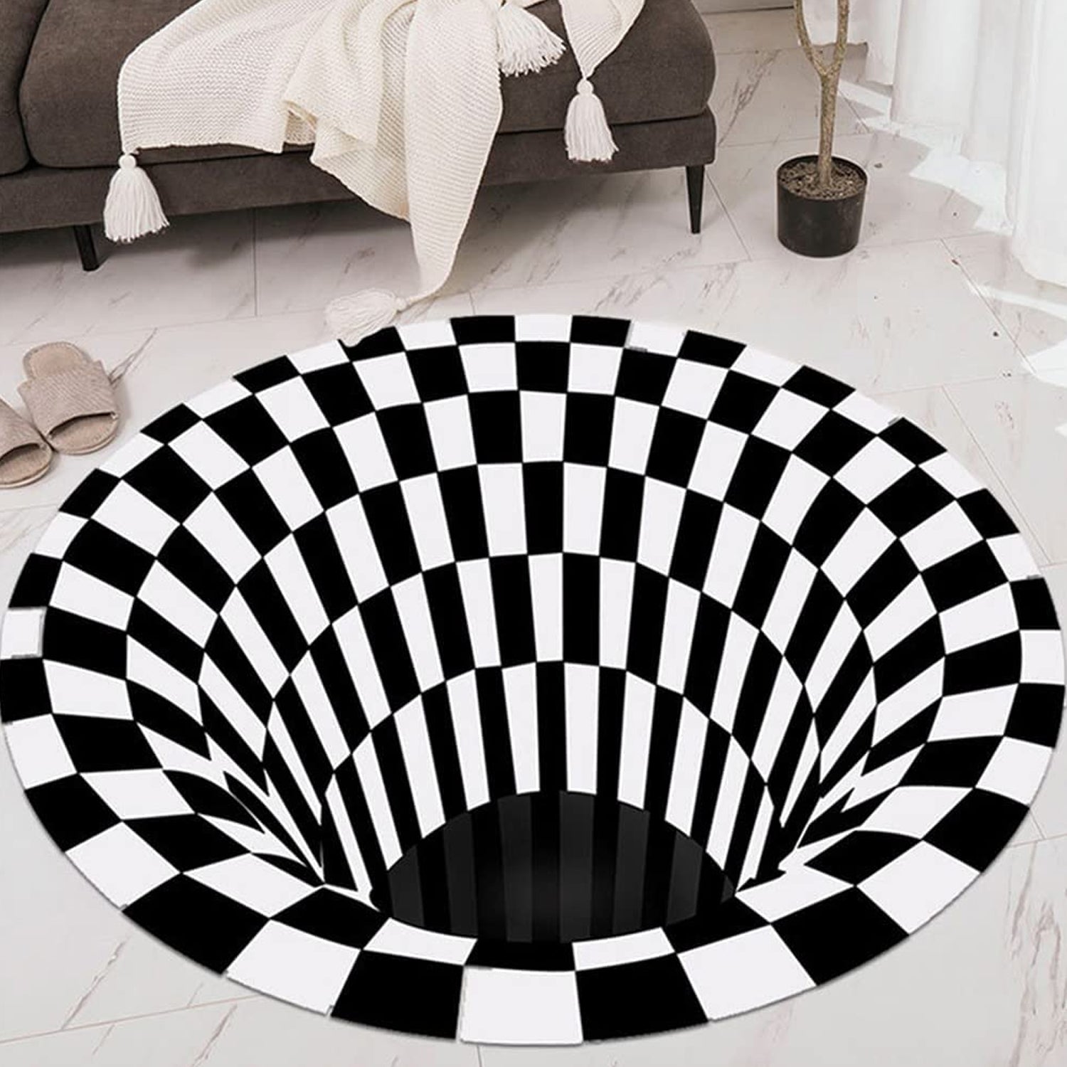 3D space round carpet with checkered vortex optical illusion design