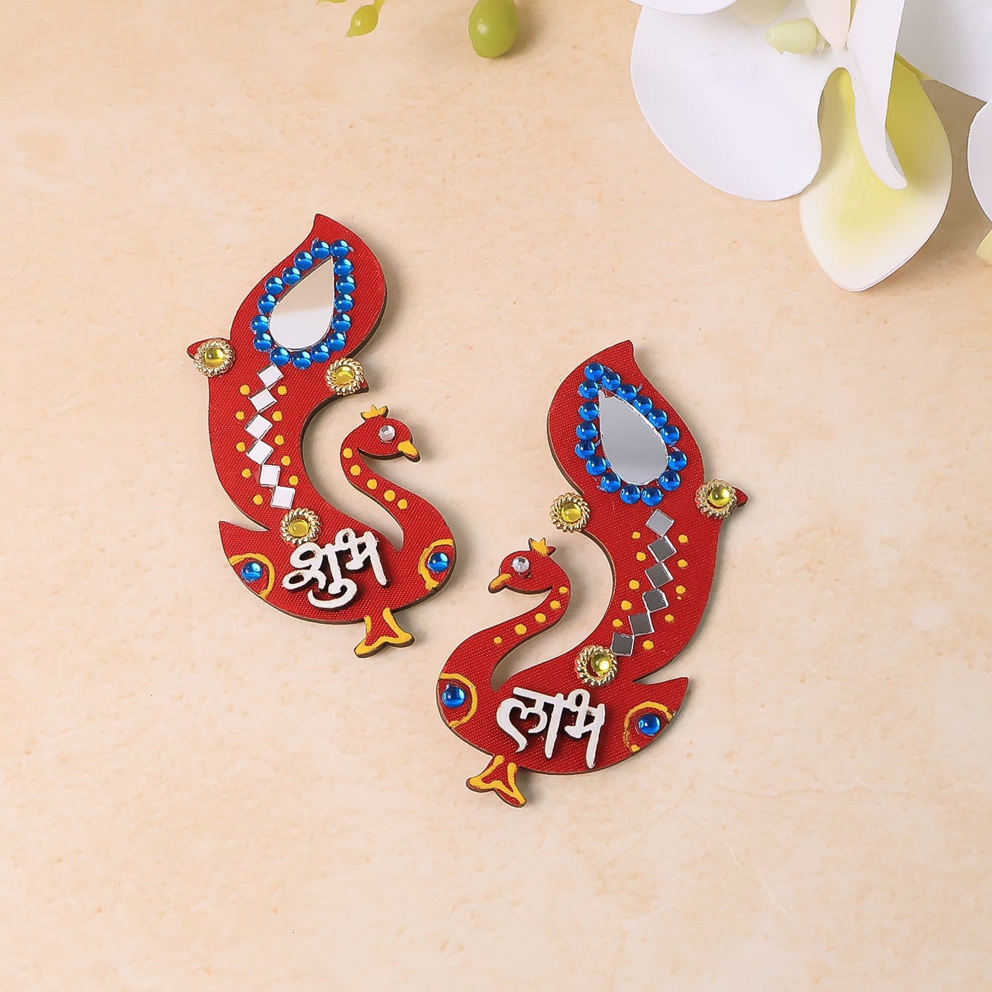Auspicious wooden Shubh Labh wall hanging showcasing colorful peacock craftsmanship