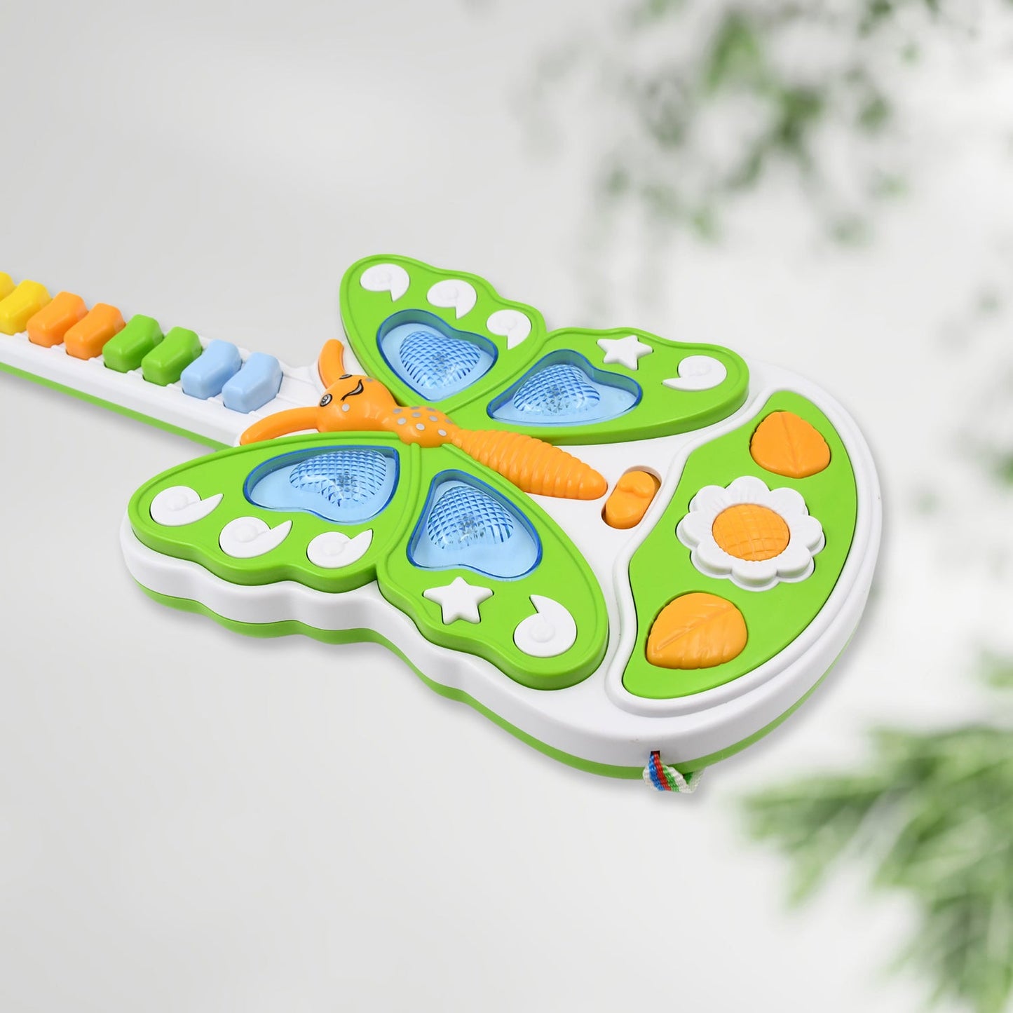 Side view of the kids musical guitar toy showcasing its vibrant design.