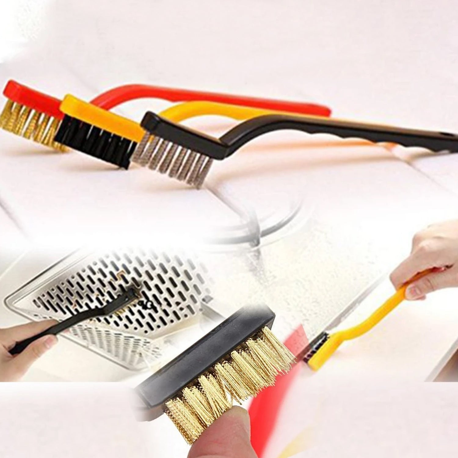 An angled view of the durable plastic handles and varied bristles of the mini wire brush set.