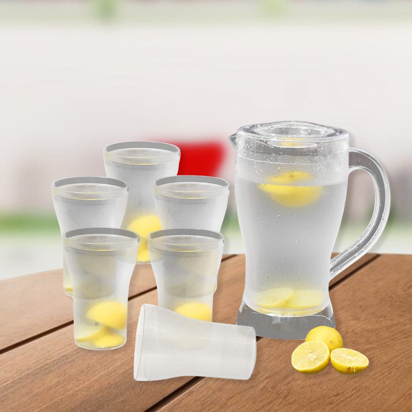 Clear unbreakable lemon jug and matching glasses for home and outdoor use