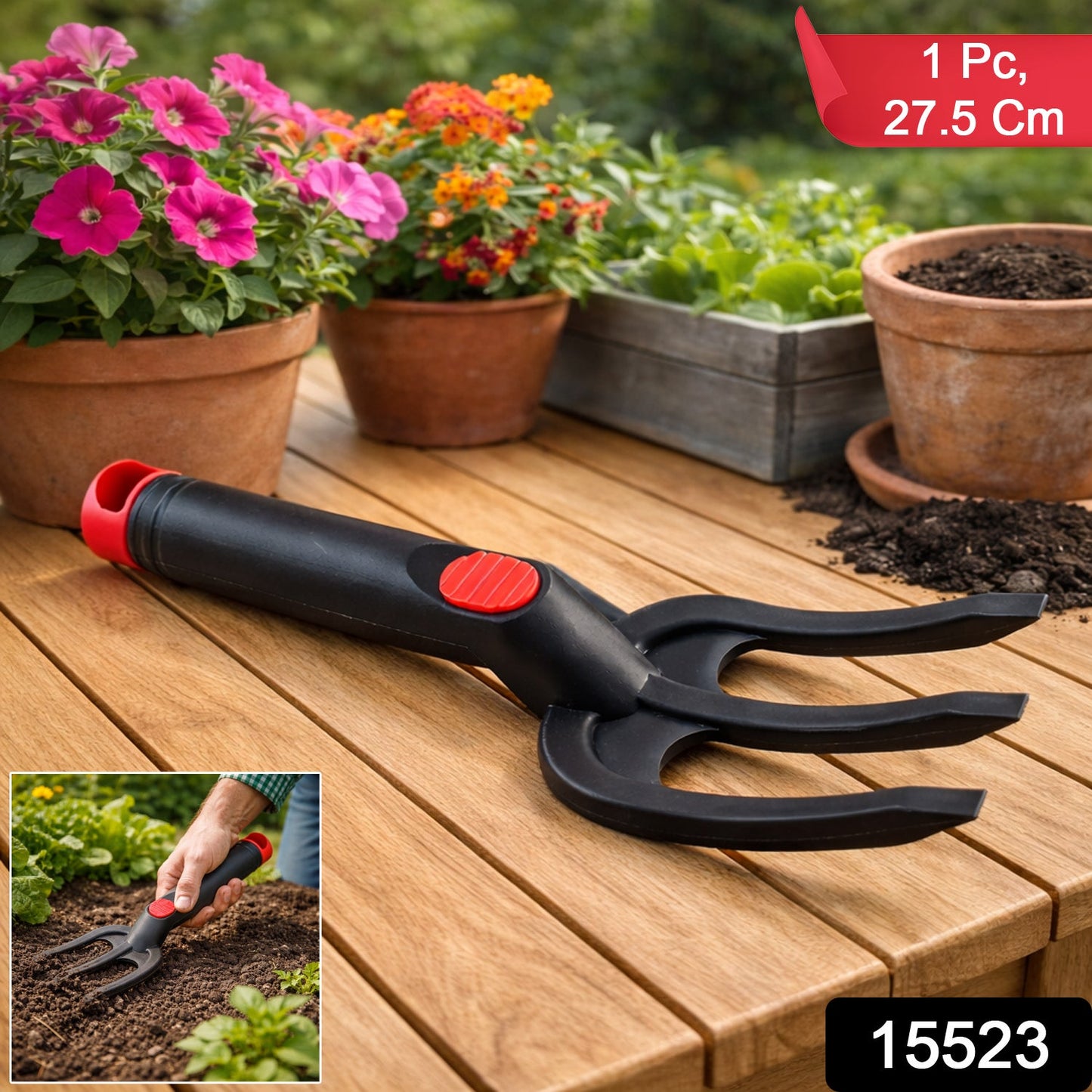 Ergonomic handle of the garden hand cultivator fork for comfortable grip