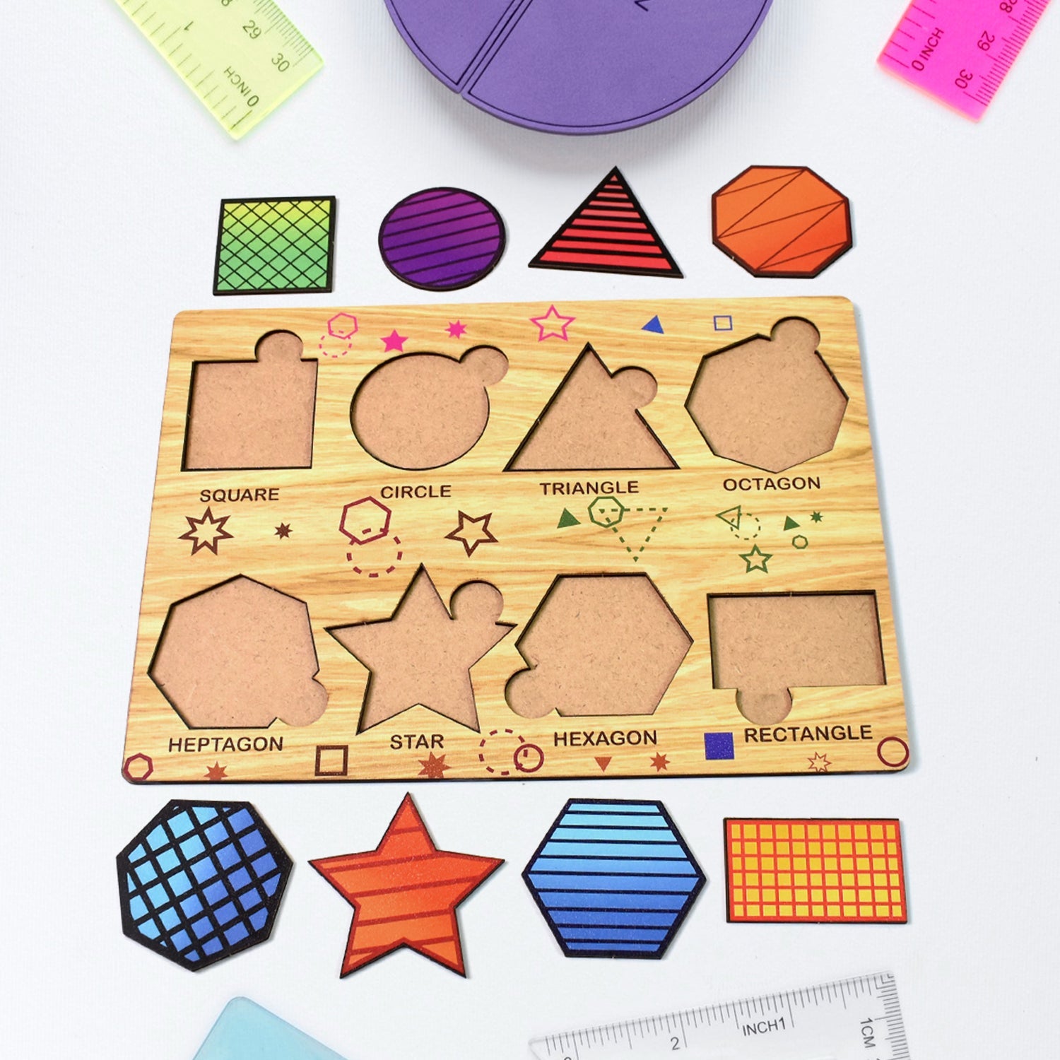 Wooden Triangle Puzzle board with colourful geometric pieces for kids' early learning.