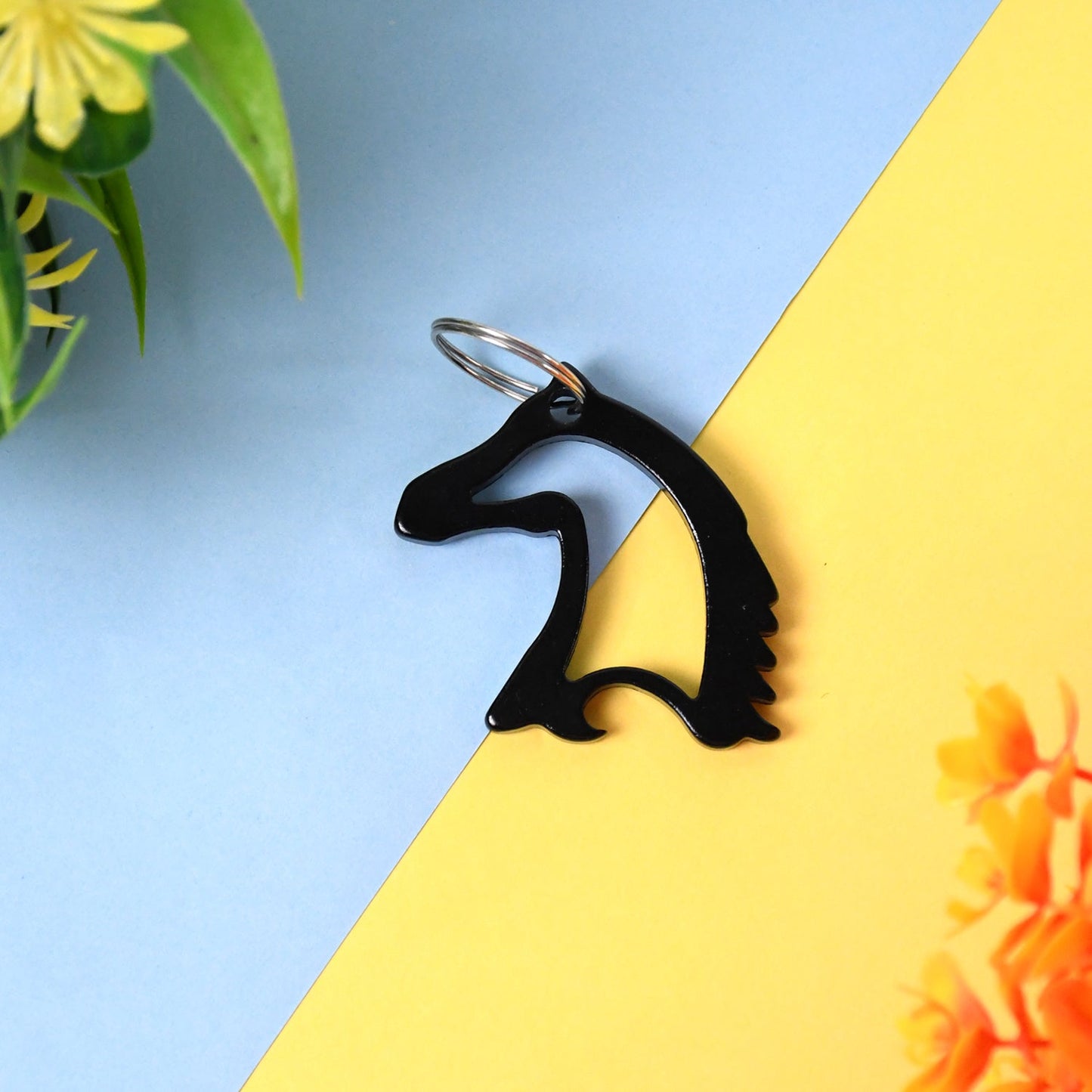 Metal horse face keychain with polished finish