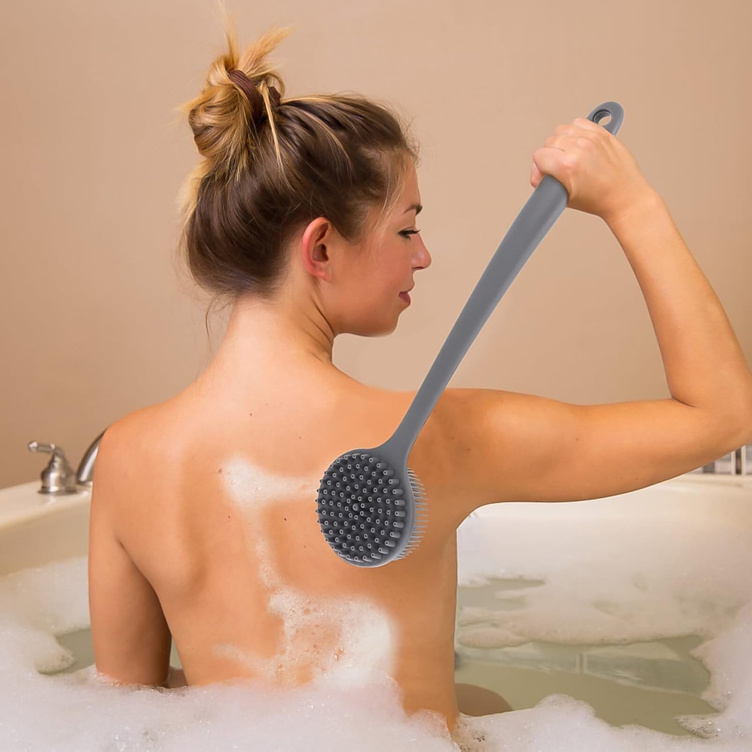 Flexible reach silicone back and body scrubber brush with long handle