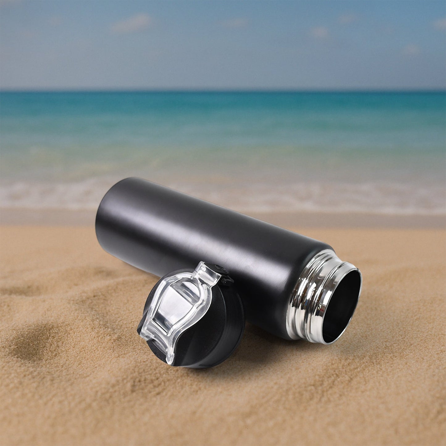 Stainless steel sports water bottle paired with a carrying bag for portability