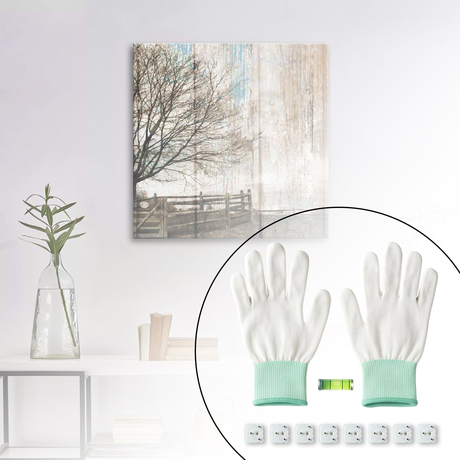 Contents of the picture hanging kit arranged on flat surface