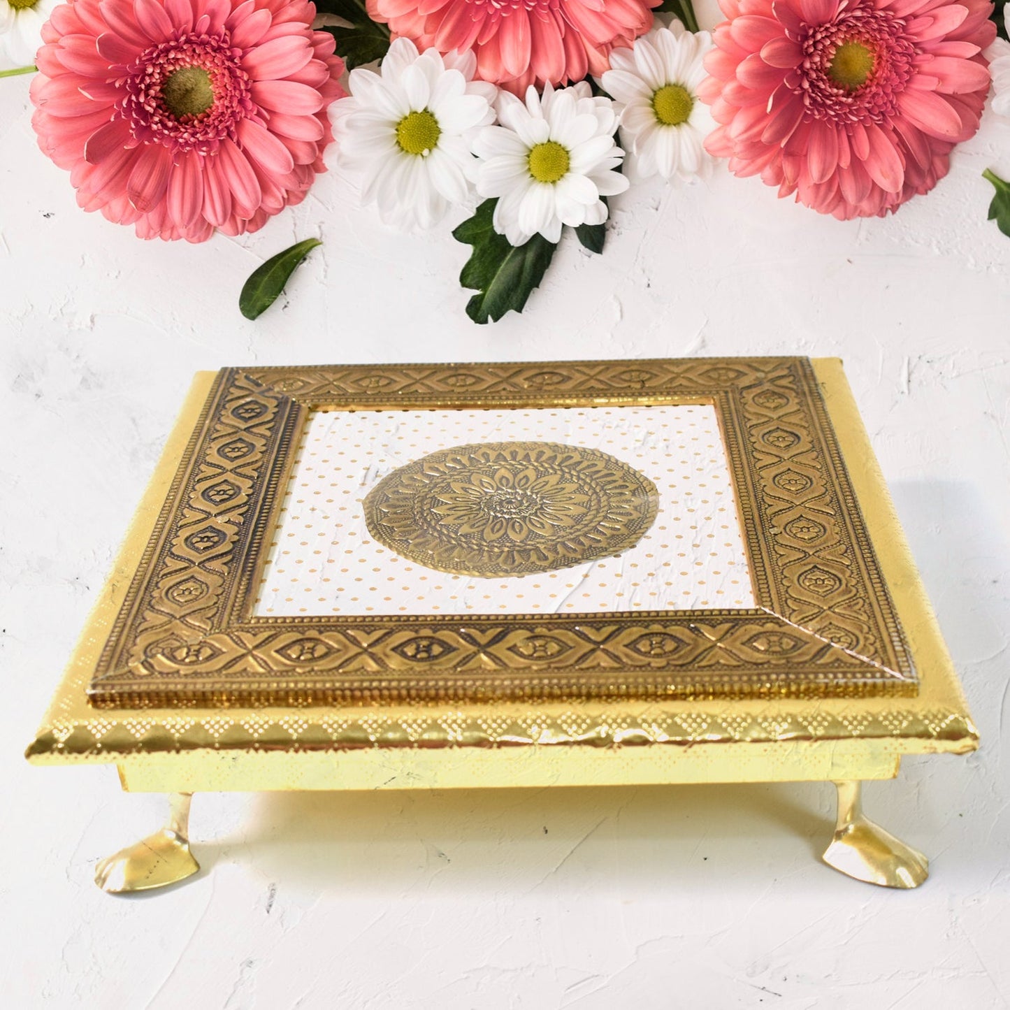 Golden Square Pooja Chowki, front view, perfect for temple rituals.
